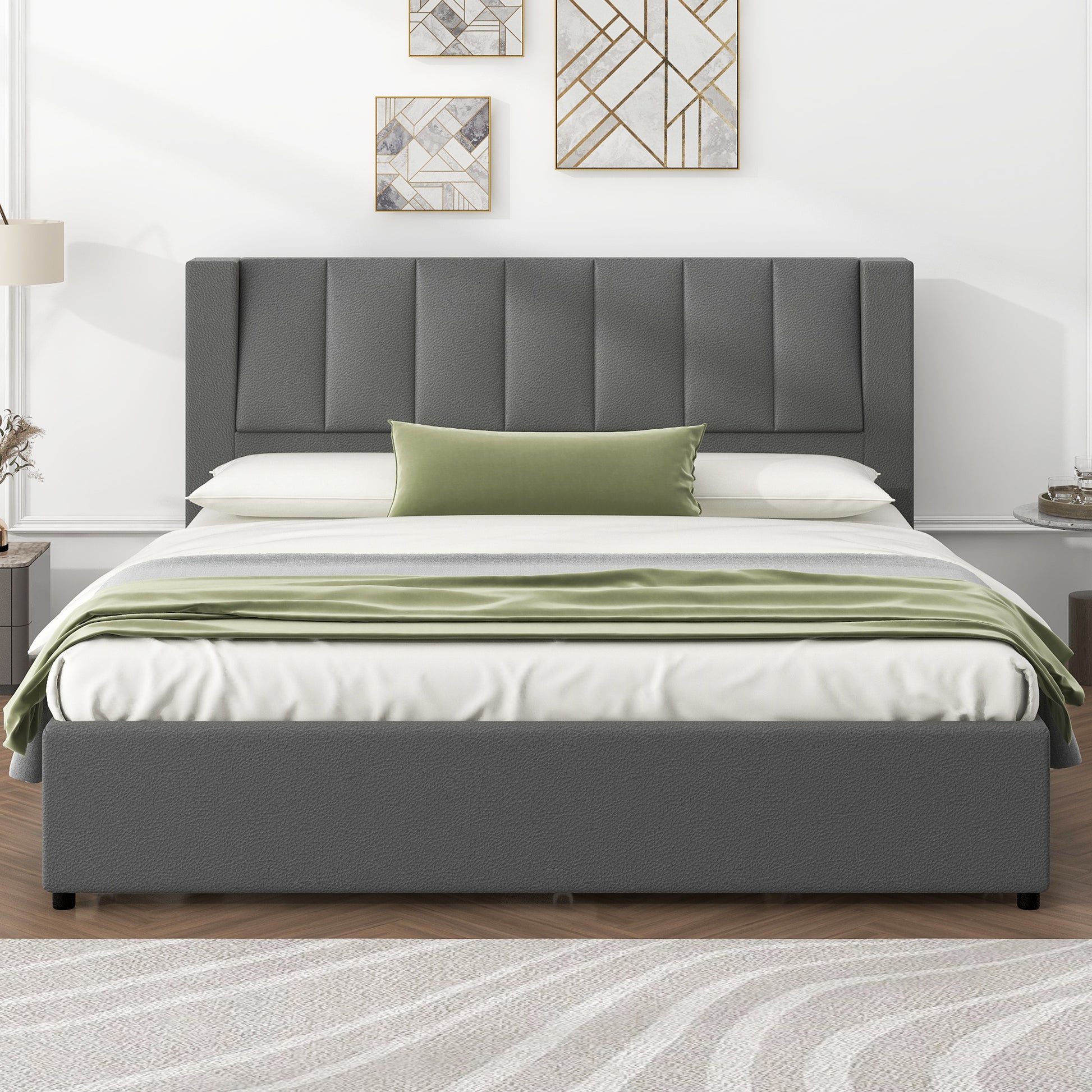 King Size Upholstery Platform Bed With Storage Headboard, 2 Drawers And Trundle, Gray King Gray Upholstered