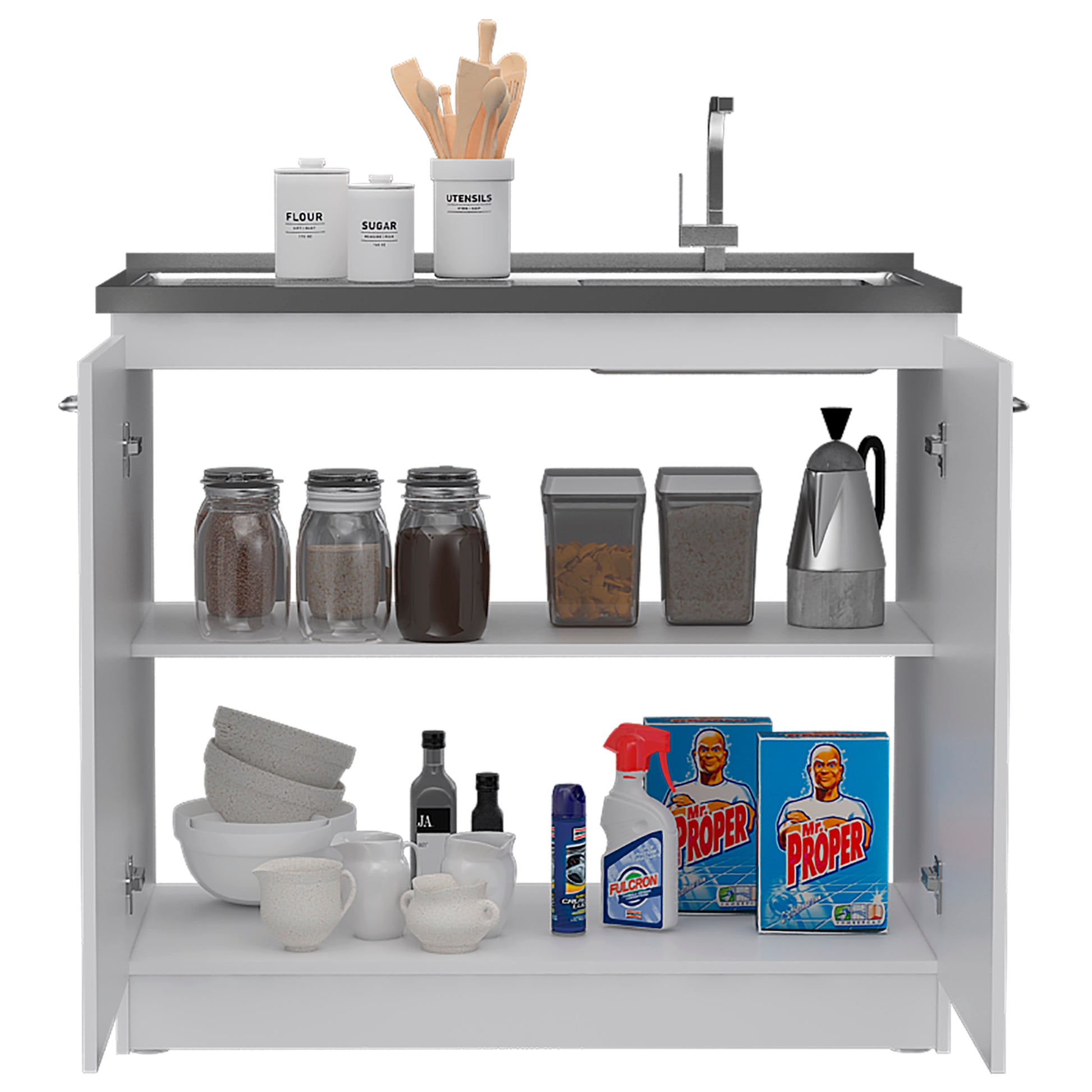 Oklahoma Utility Sink, Double Door Cabinet, Stainless Steel Countertop White Kitchen Modern Melamine Particle Board