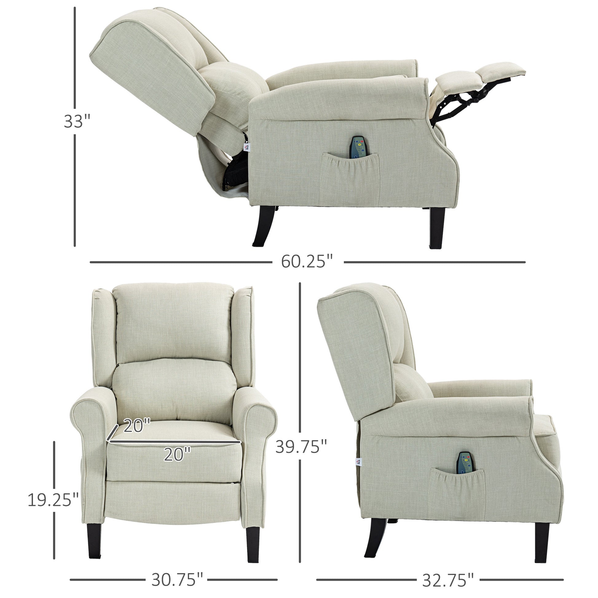Homcom Vibration Massage Recliner Chair For Living Room With Heat, Wingback Single Sofa, Modern Linen Fabric Push Back Reclining Chair With Footrest, Side Pocket, White White Linen