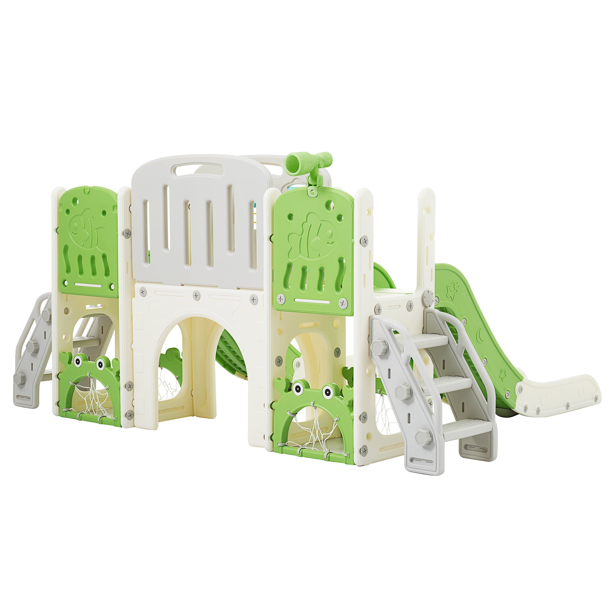 Kids Slide Playset Structure 8 In 1, Freestanding Ocean Themed Set With Slide, Arch Tunnel,Basketball Hoop And Telescope, Double Slides For Toddlers, Kids Climbers Playground Green 50 99 Lbs Cute 1 To 2 Years Hdpe Indoor & Outdoor Use