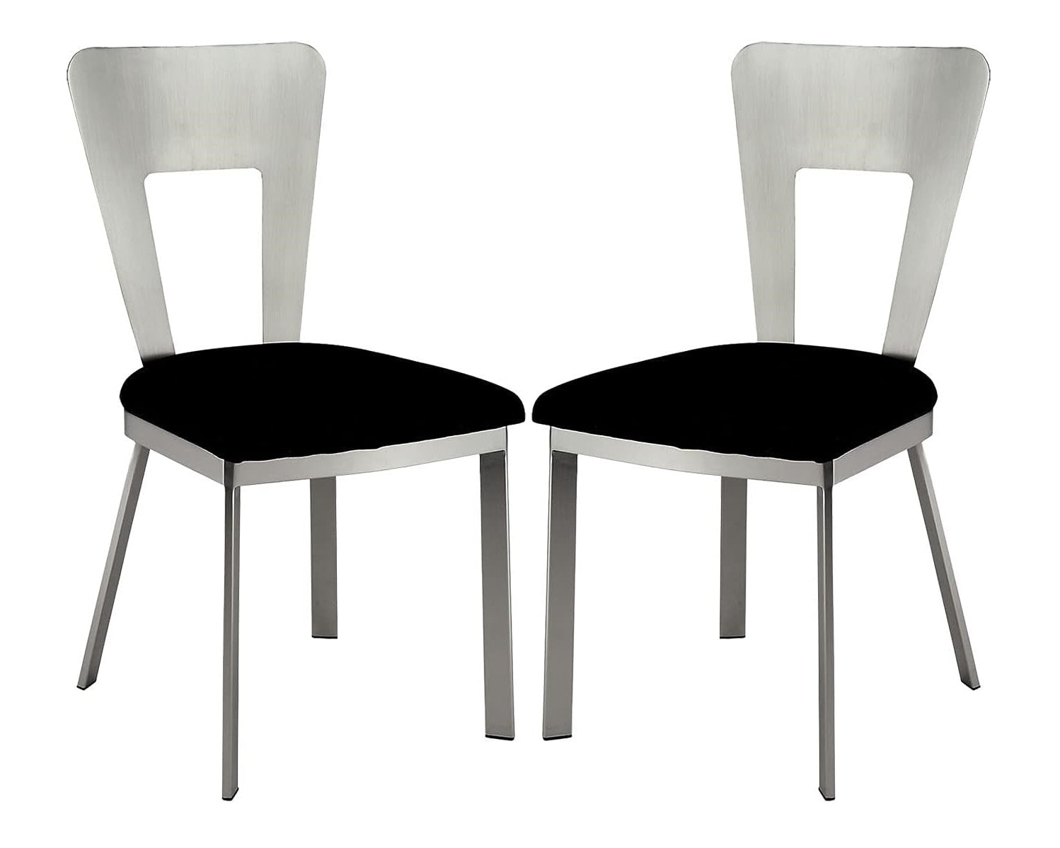 Contemporary Silver Metal 2Pc Dining Chairs Black Microfiber Seat Dining Room Keyhole Back Satin Plated Powder Coating Chair Metal Black,Silver Dining Room Powder Coated Contemporary,Modern Side Chair Set Of 2 Metal,Microfiber