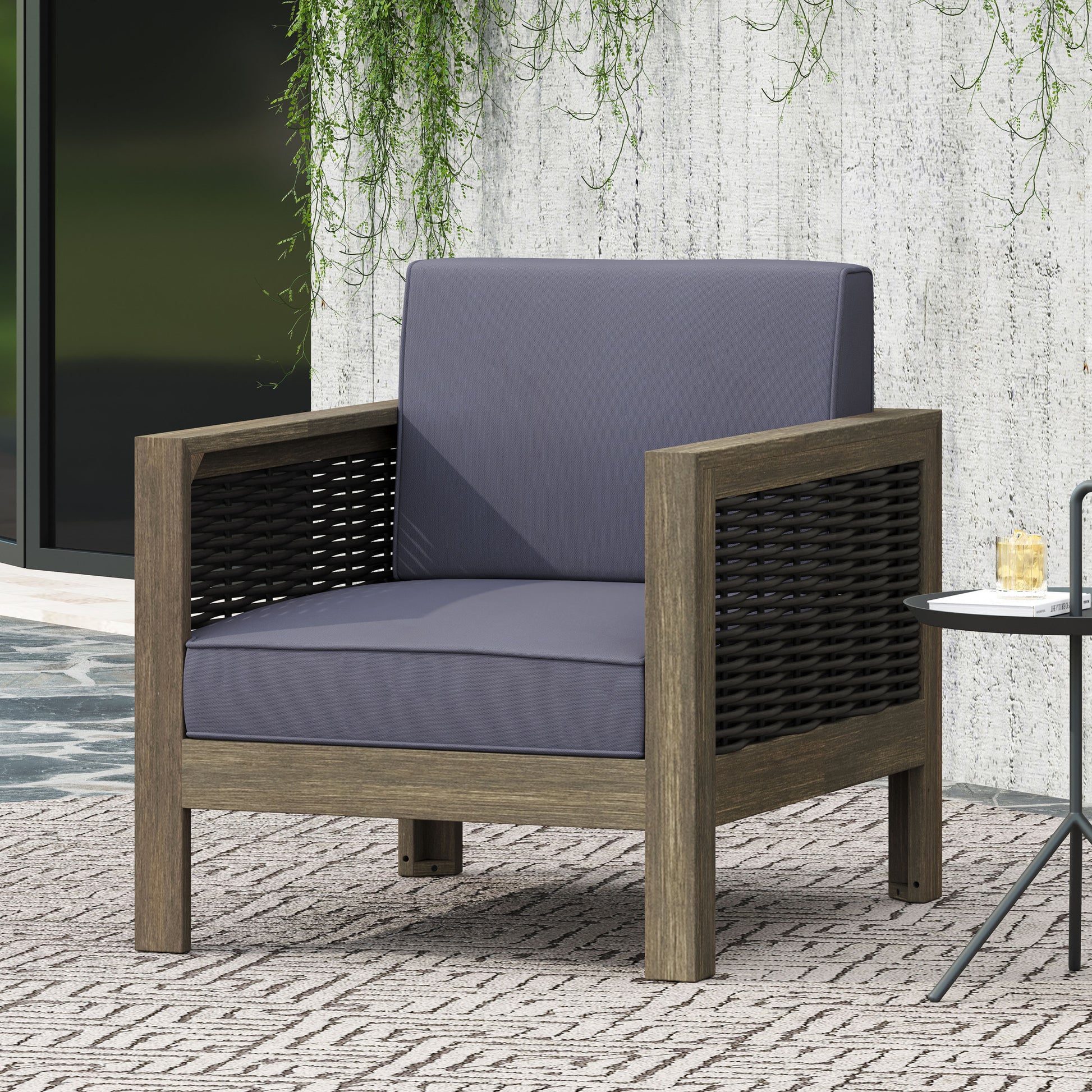 Outdoor Acacia Wood Club Chair With Wicker Accents, Gray Mixed Gray Brown, 30.25"D X 27.5"W X 23.75"H Gray Acacia Wood