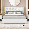 Queen Size Upholstered Platform Bed With Metal Strips, Off White Queen Off White Pu