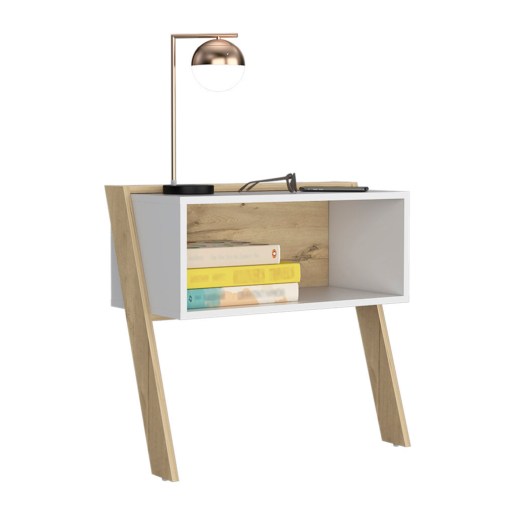 Nightstand 24"H, Two Legs, One Shelf, Superior Top, Light Oak White Multicolor Particle Board Particle Board