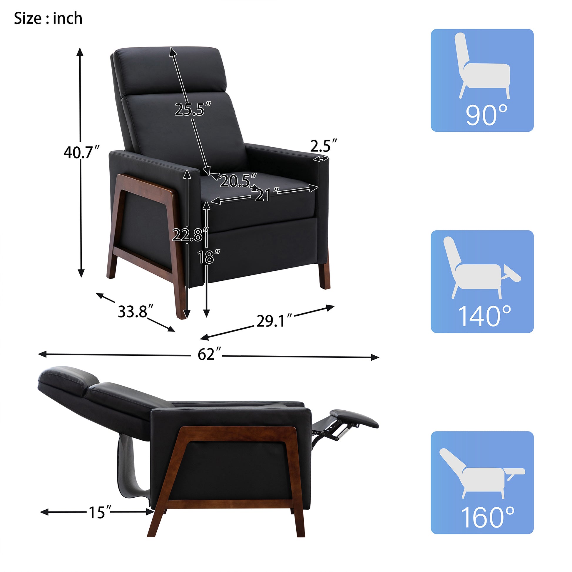 Set Of Two Wood Framed Pu Leather Recliner Chair Adjustable Home Theater Seating With Thick Seat Cushion And Backrest Modern Living Room Recliners, Black Black Pu Pu