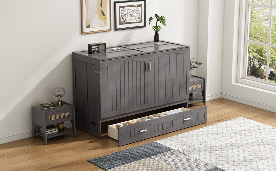 Queen Size Murphy Bed With Built In Charging Station, Antique Grey Box Spring Not Required Queen Antique Gray Wood Pine Wood