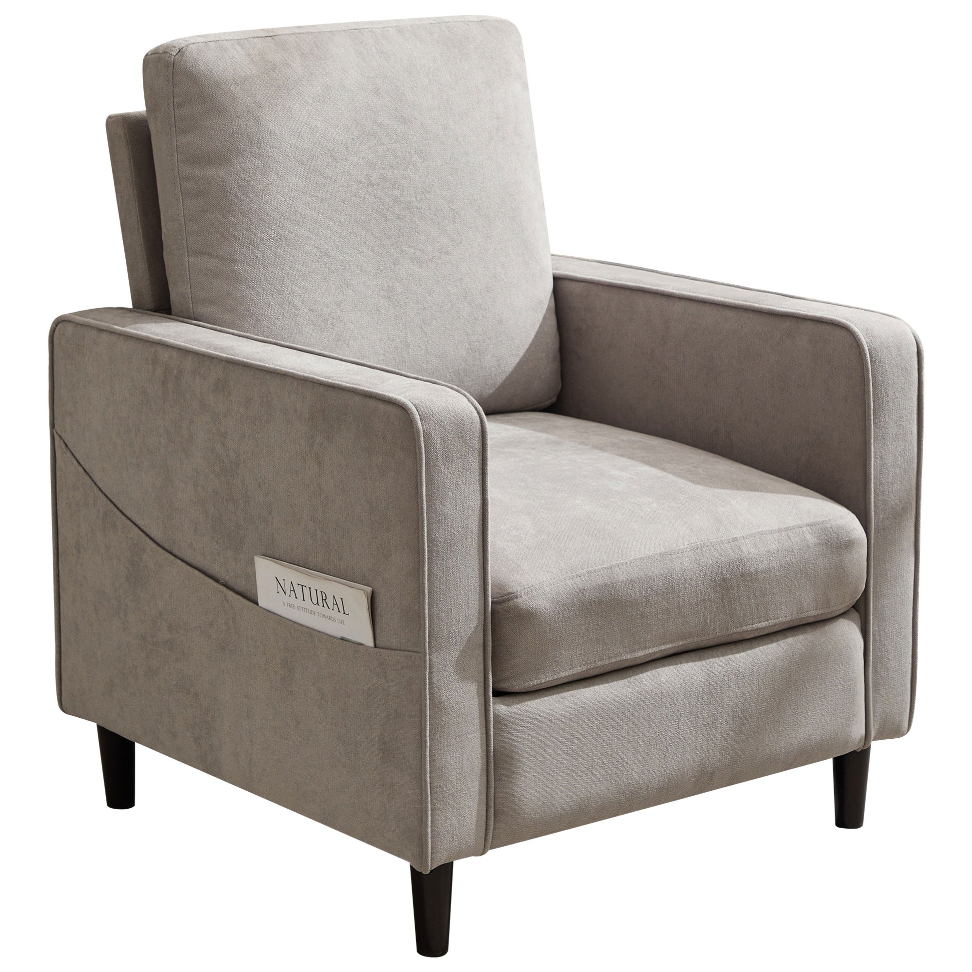 Mid Century Accent Chair ,Modern Linen Fabric Armchair For Living Room,Double Side Pockets, Comfortable And Padded Reading Feature Sofa Chair, Suitable For Bedrooms, Living Rooms, And Offices Light Gray Linen