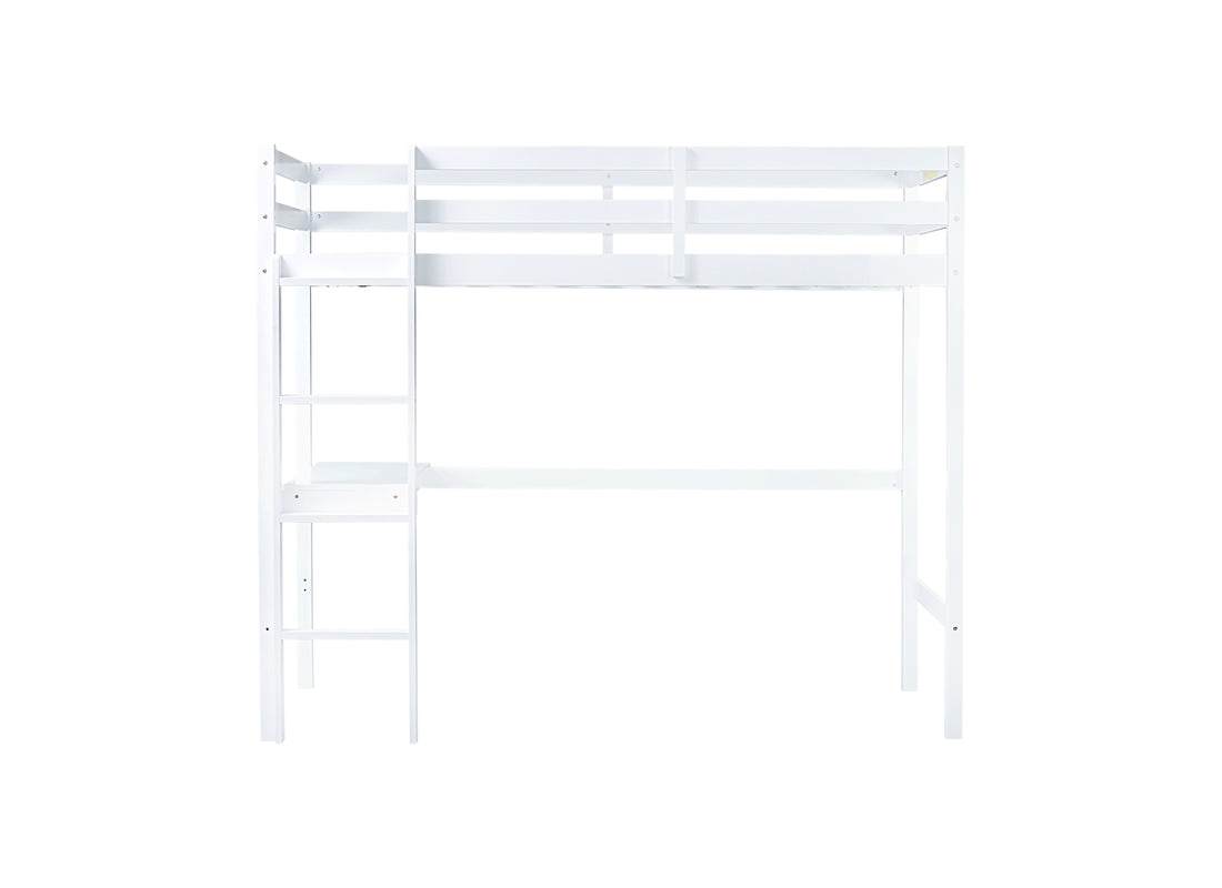 Twin High Loft Bed, Rubber Wood Loft Bed With Safety Guardrail, Built In Desk, Ladder,White Twin White Rubber Wood