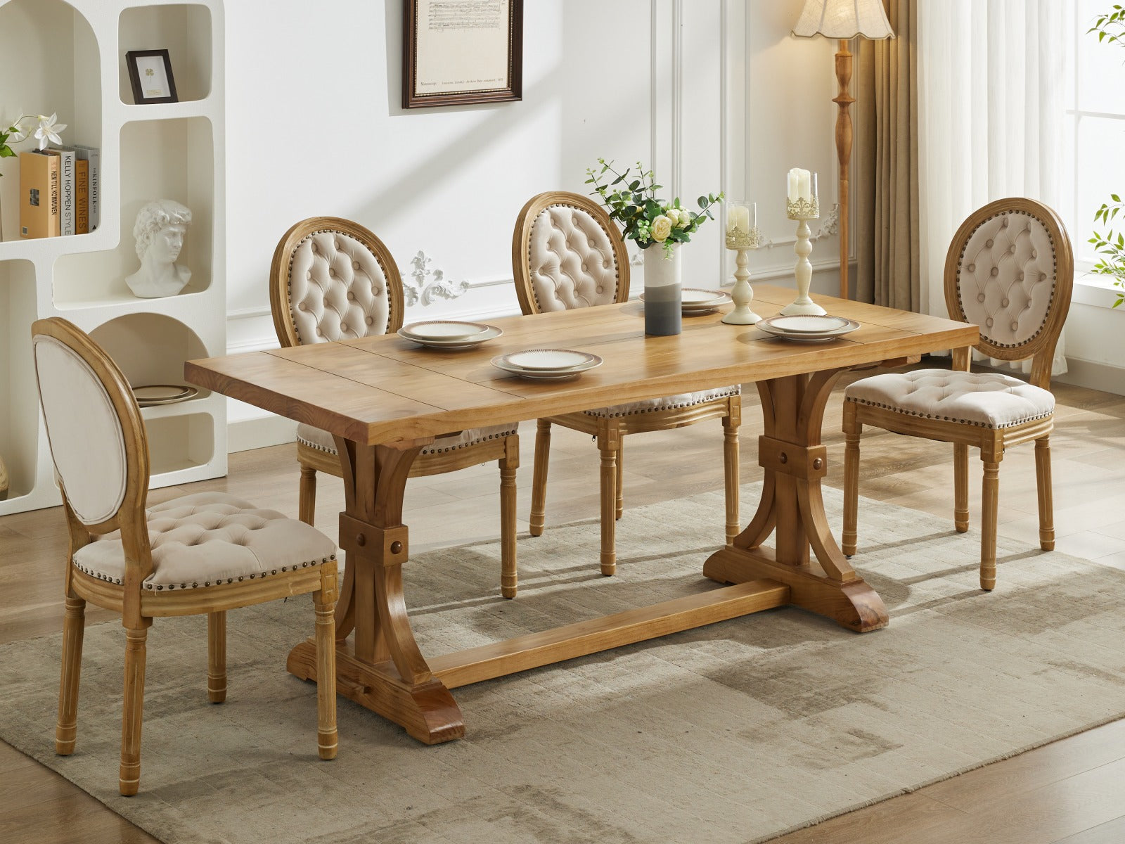 French Style Solid Wood Frame Antique Painting,Hand Pulled Buckle Decoration Velvet Artificial Leather Dining Chair With Trim ,Wood Legs,Steel Spring Inner,Set Of 2,Beige,Sw1739Bg Beige Dining Room American Design Dining Chairs Rubberwood Set Of 2 Foam