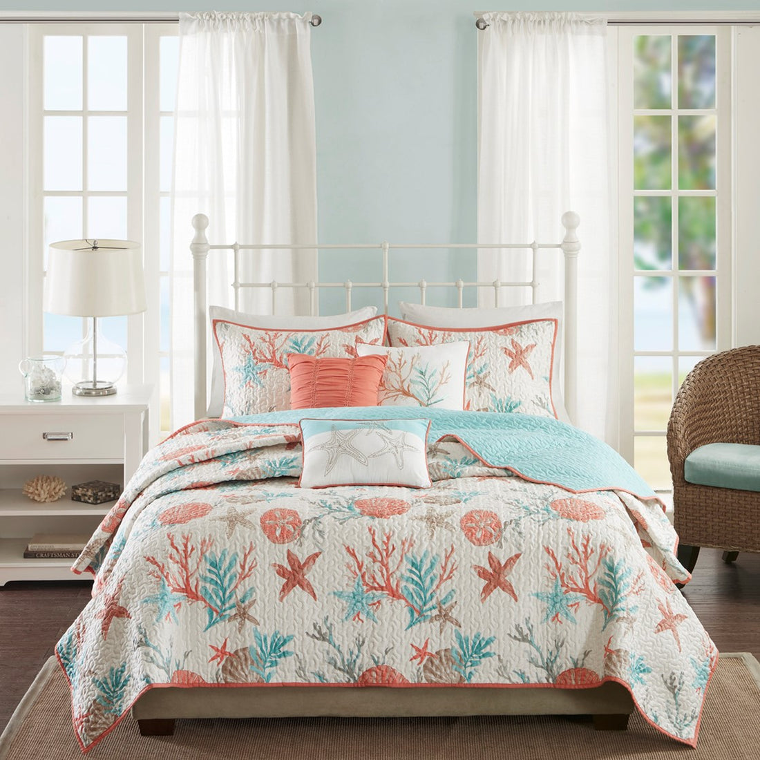 6 Piece Cotton Sateen Quilt Set With Throw Pillows Coral Full Queen Full Coral Cotton