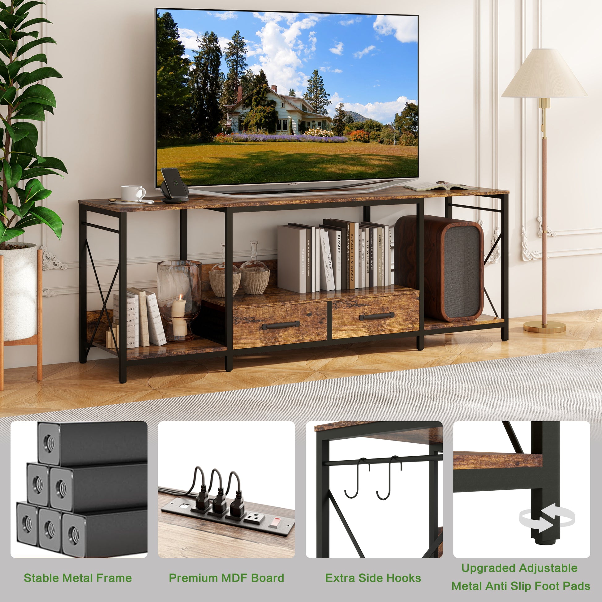 Tv Stand With Led Lights Power Outlets Tv Stand With Fabric Drawers For 65 70 75 Inches Tv Entertainment Center And Industrial Tv Console Table With Open Storage Shelves For Living Room, Bedroom