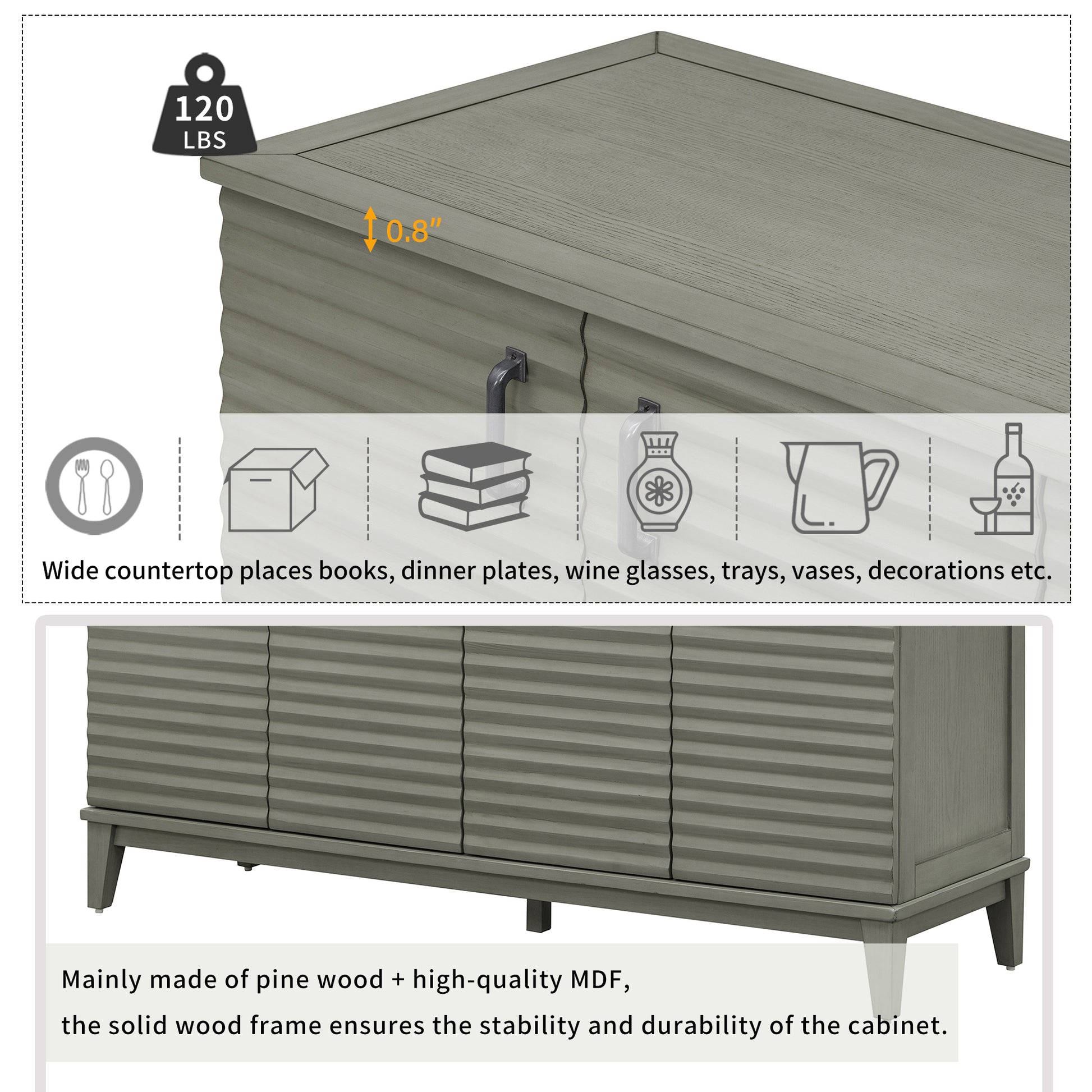 Sideboard With 4 Door Large Storage Buffet With Adjustable Shelves And Metal Handles For Kitchen, Living Room, Dining Room Antique Gray Antique Gray Solid Wood Mdf