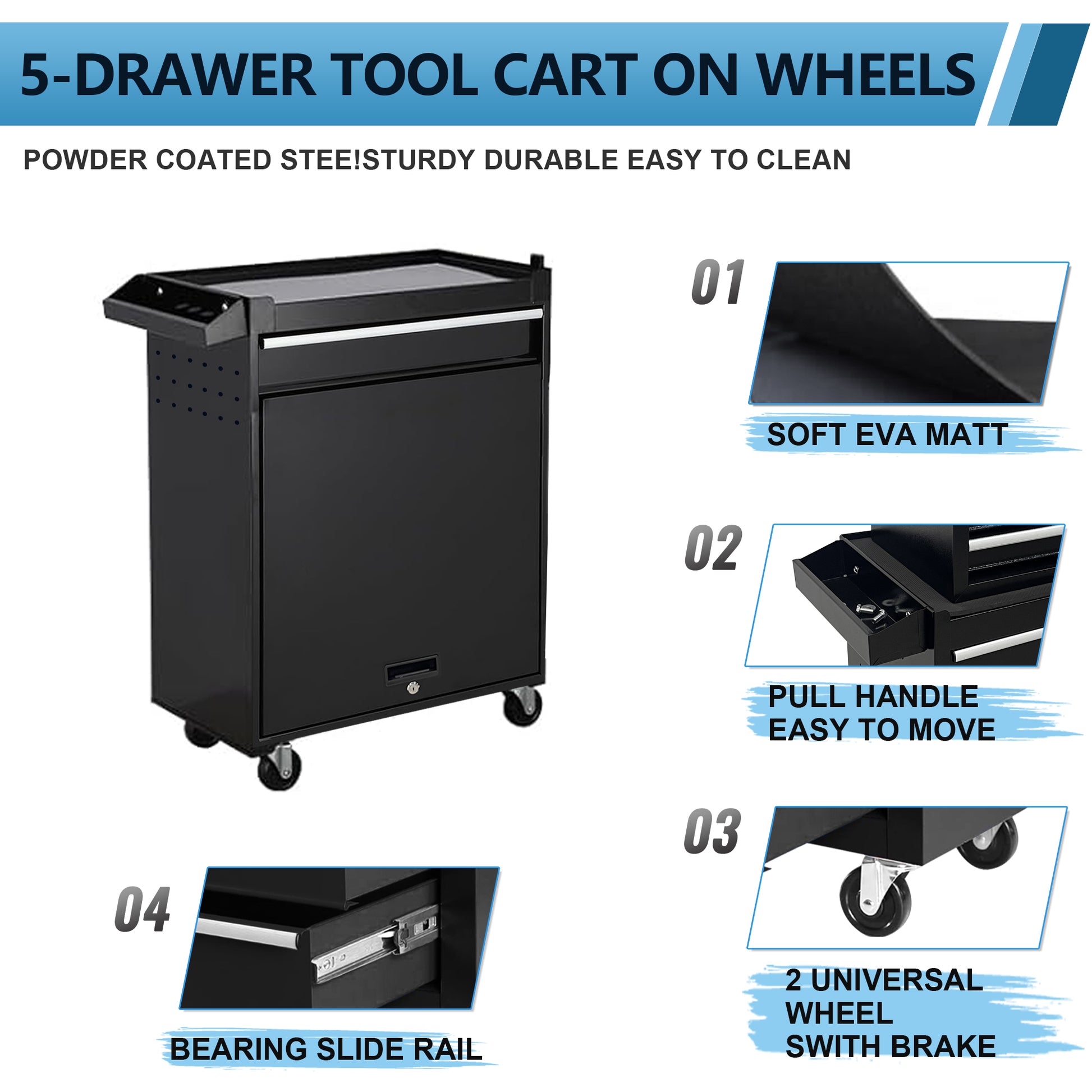 Tool Chest,5 Drawer Rolling Tool Storagecabinet With Enhanced Packaging, Detachabletop Tool Box, Metal Tool Cart For Garageworkshop,Black Black Iron