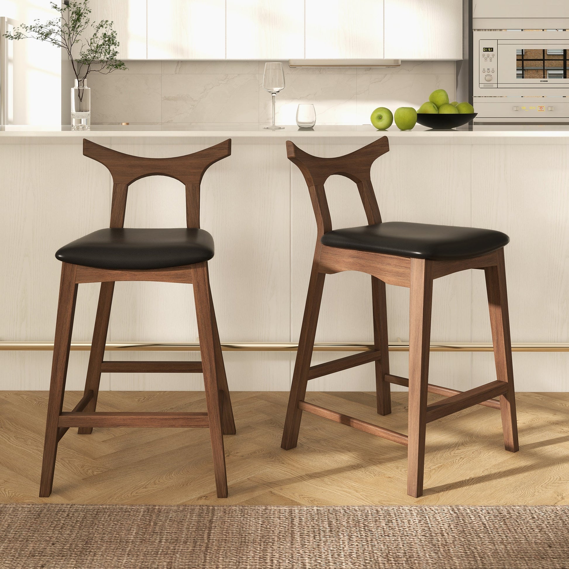 Hester Solid Wood Upholstered Square Bar Chair Set Of 2 Black Pu,Wood Pu Leather,Solid Wood