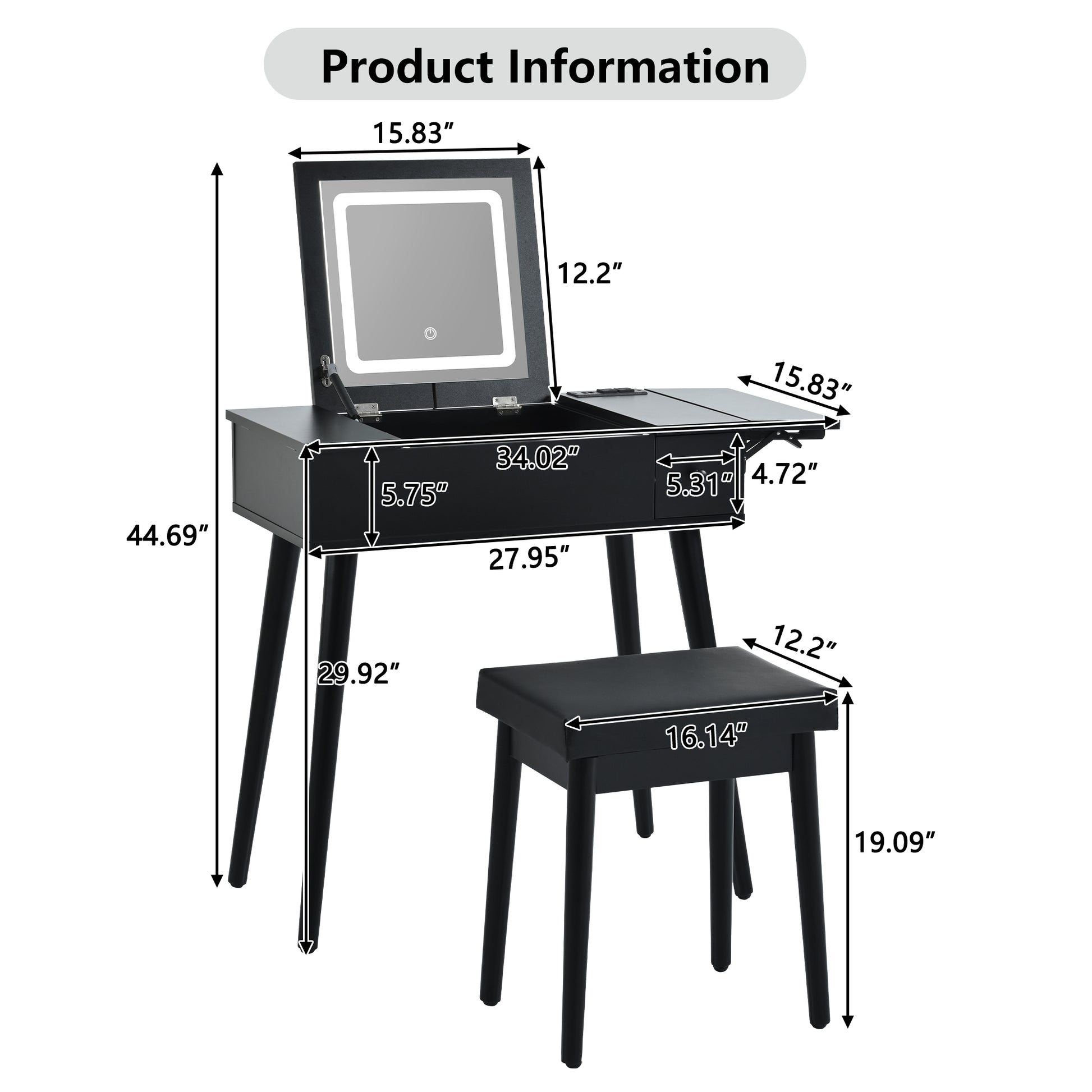 27.9'' Black Makeup Vanity Desk With Flip Top Mirror And Led Light, Dressing Table With Charging Station, 2 Drawers And Fold Up Panel, Vanity Set With Cushioned Stool For Bedroom Black
