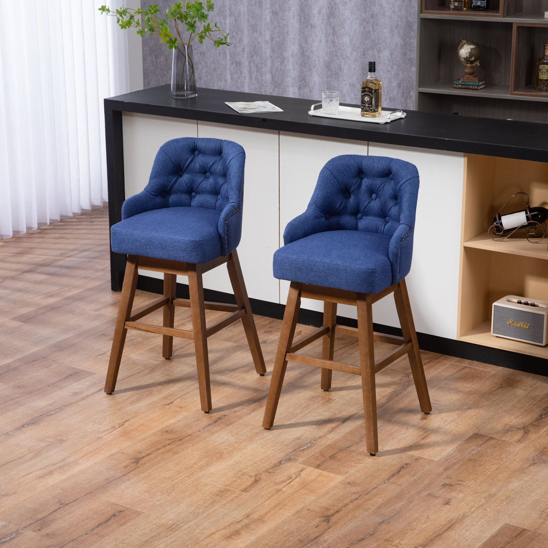 Coolmore Bar Stools Set Of 2 Counter Height Chairs With Footrest For Kitchen, Dining Room And 360 Degree Solid Wood Legs Swivel Bar Stools Set Of 2 Navy Linen Navy Foam Linen