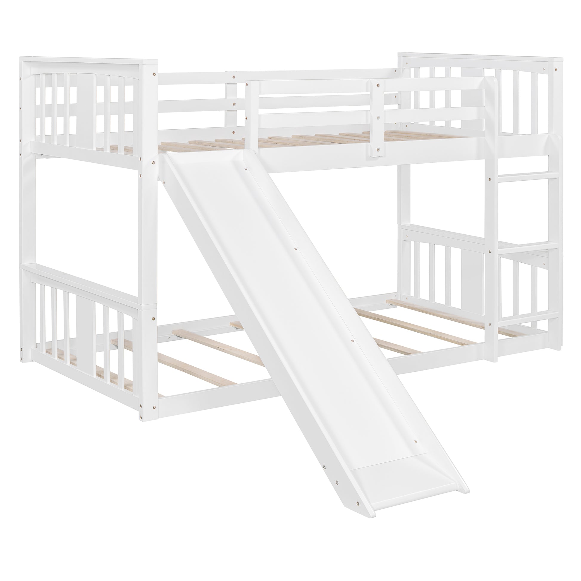 Twin Over Twin Bunk Bed With Slide And Ladder, White Old Sku:Lt000108Aak Twin White Plywood