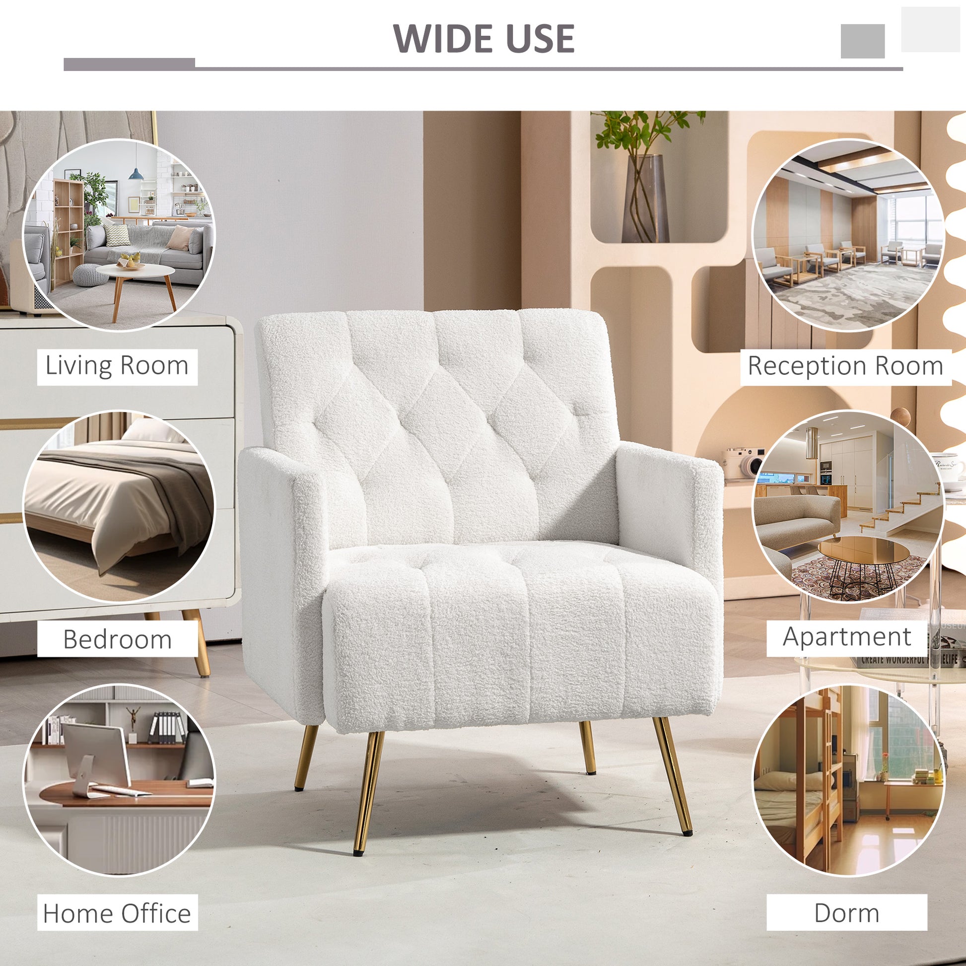 Homcom Modern Sherpa Accent Chair With Tufted Pattern And Steel Legs, White White Polyester