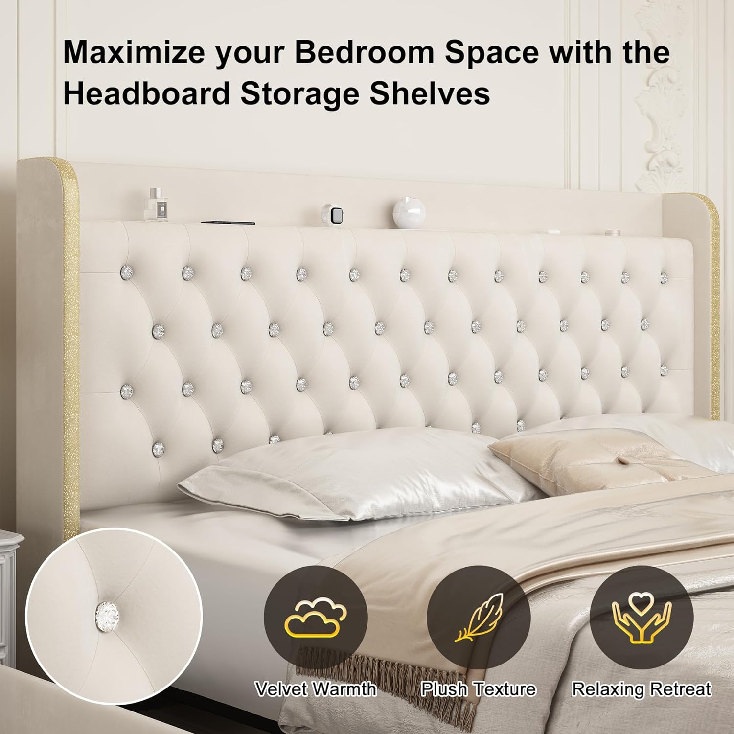 Queen Size Bed Frame With 4 Drawers, Star Projector Galaxy Light, Wingback Upholstered Headboard With Diamond Button, Usb Charger And Music Speaker, Pu Leather Cream Mdf Metal