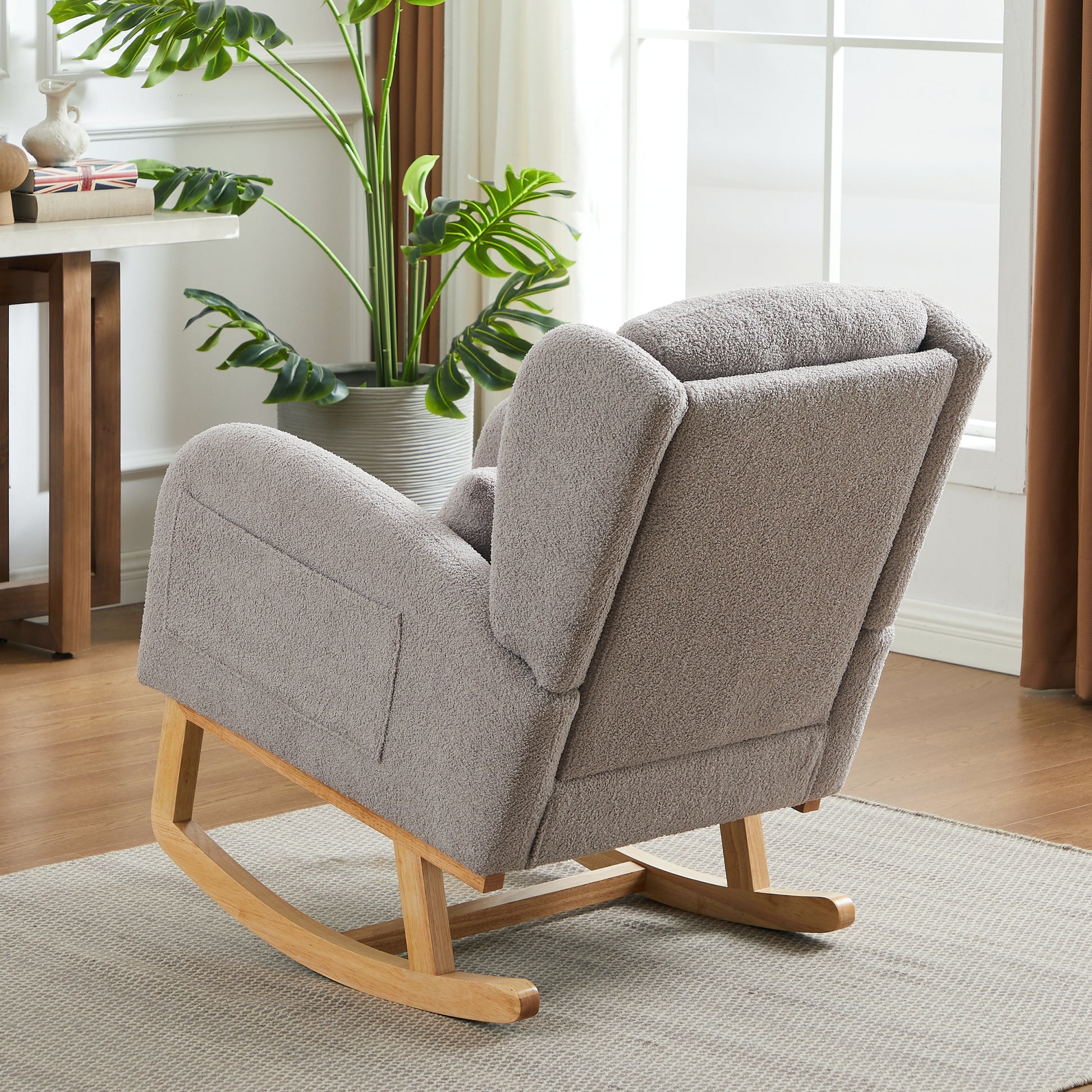 27.2"W Modern Accent High Backrest Living Room Lounge Arm Rocking Chair, Two Side Pocket Grey Foam Fabric