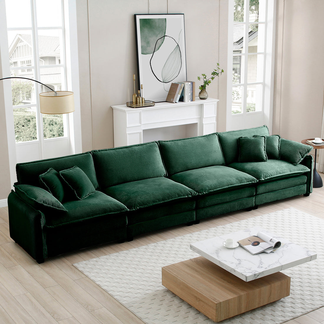 Corduroy Sofamodern Upholstered 4 Seater Corduroy Fabric Sofaoffice Living Room Apartment Comfortable Sofa, Easy To Assemble With 2 Arm Pillows And 4 Throw Pillows Green Corduroy 4 Seat