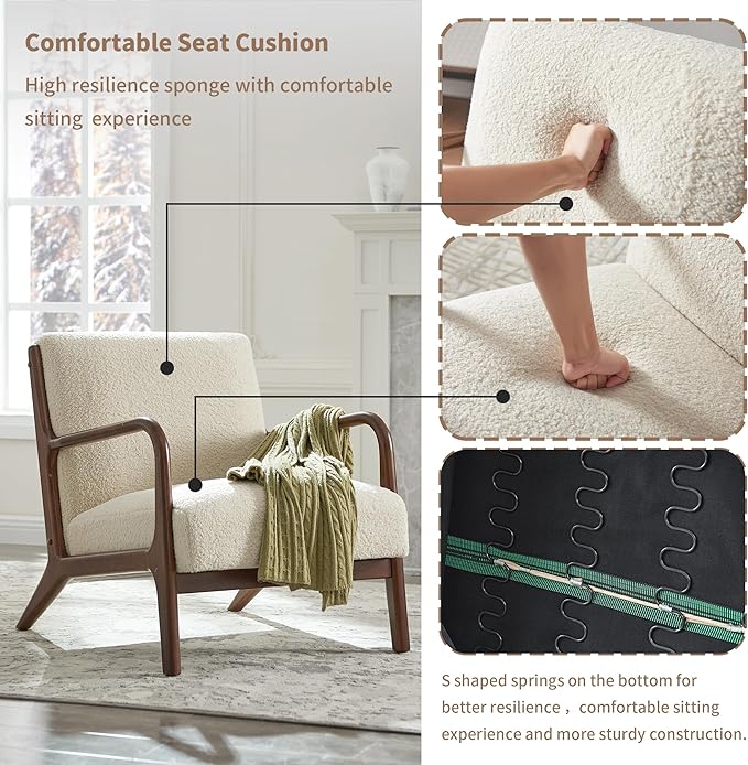 Accent Chair Living Room Chair Lambswool Accent Chair With Arms Chairs For Bedroom,Office,Apartment,Chairs Reading White Wood