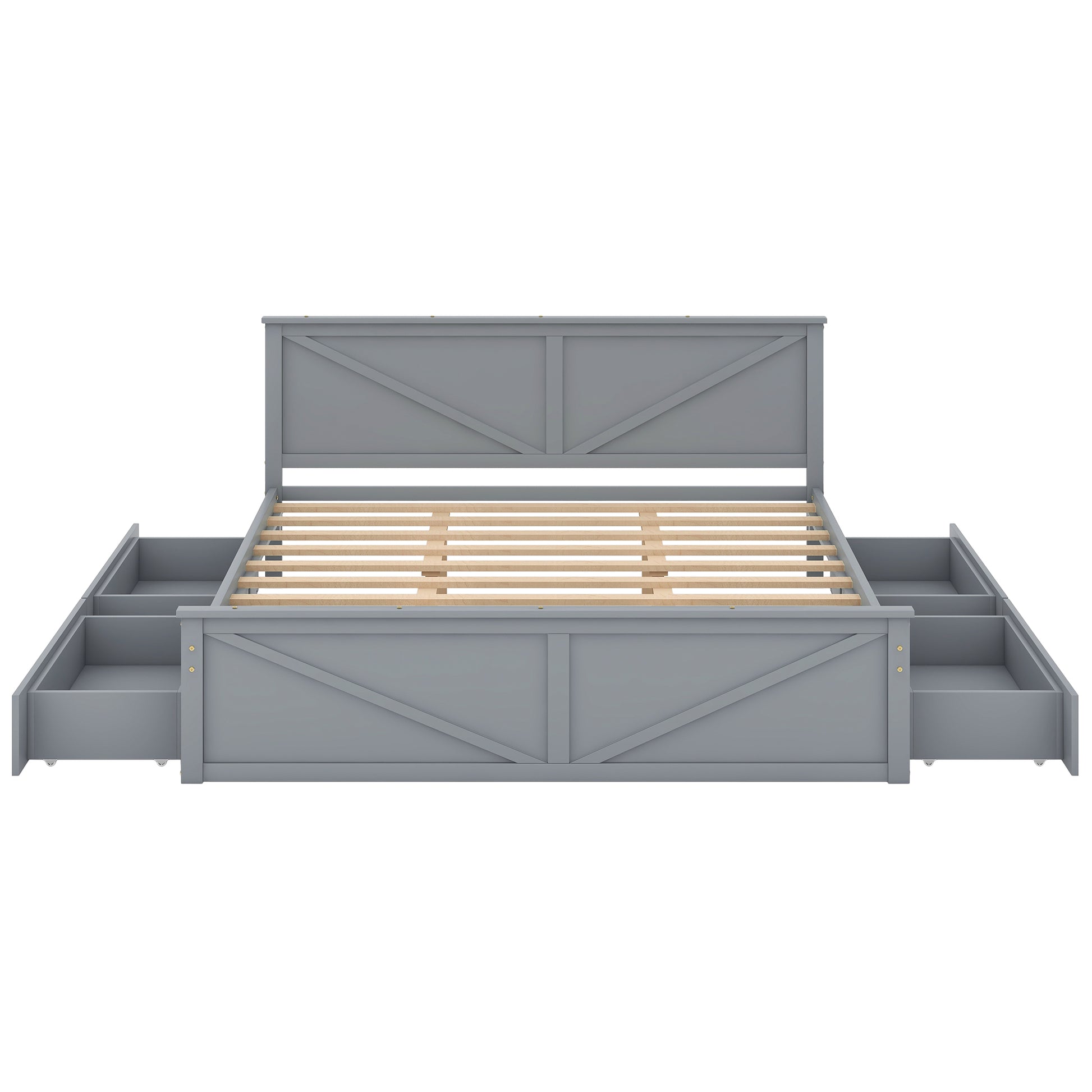 King Size Wooden Platform Bed With Four Storage Drawers And Support Legs, Gray King Gray Pine