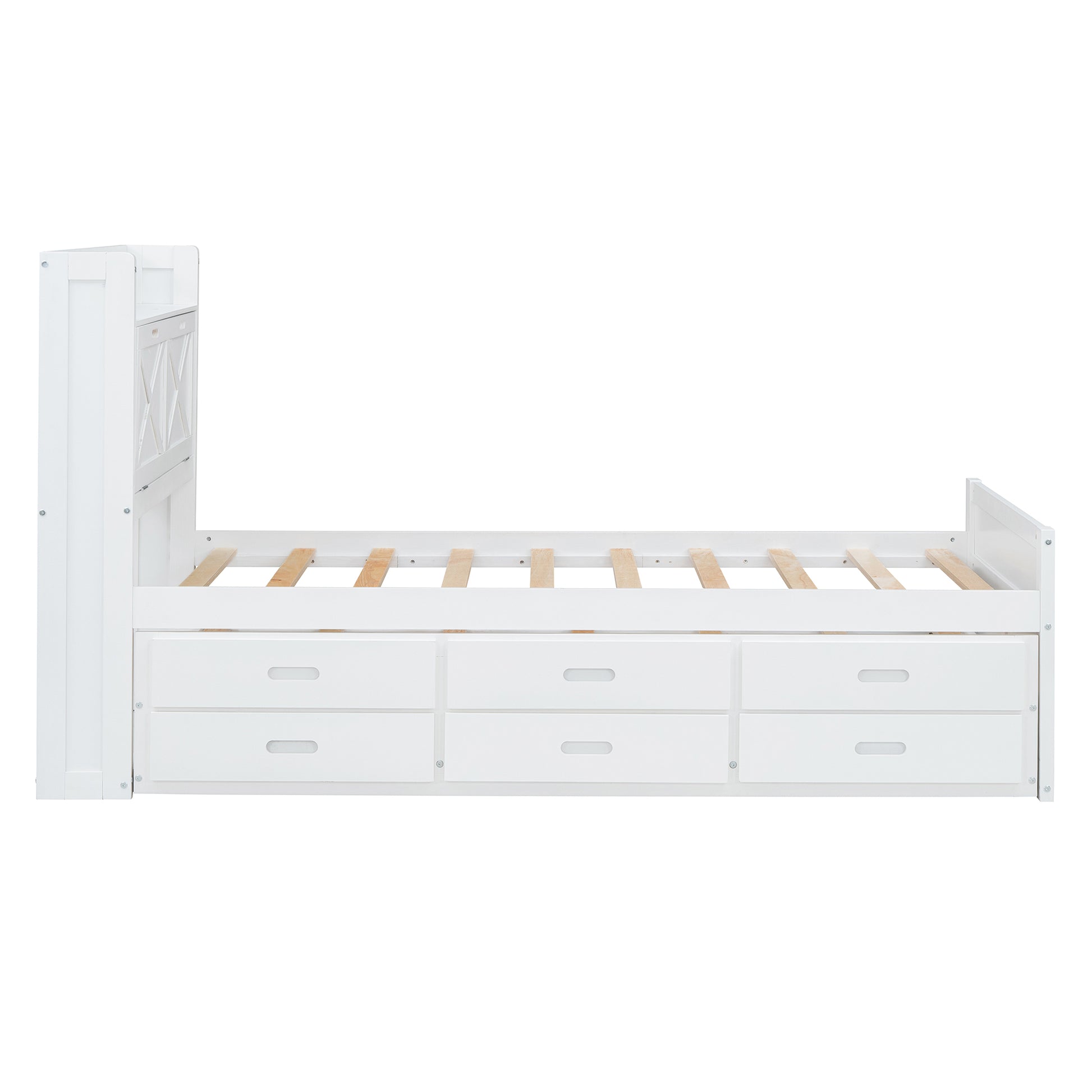 Twin Size Wooden Bed With Storage Headboard With Outlets, Extendable Bed With Twin Size Trundle With Three Storage Drawers,White Twin White Wood