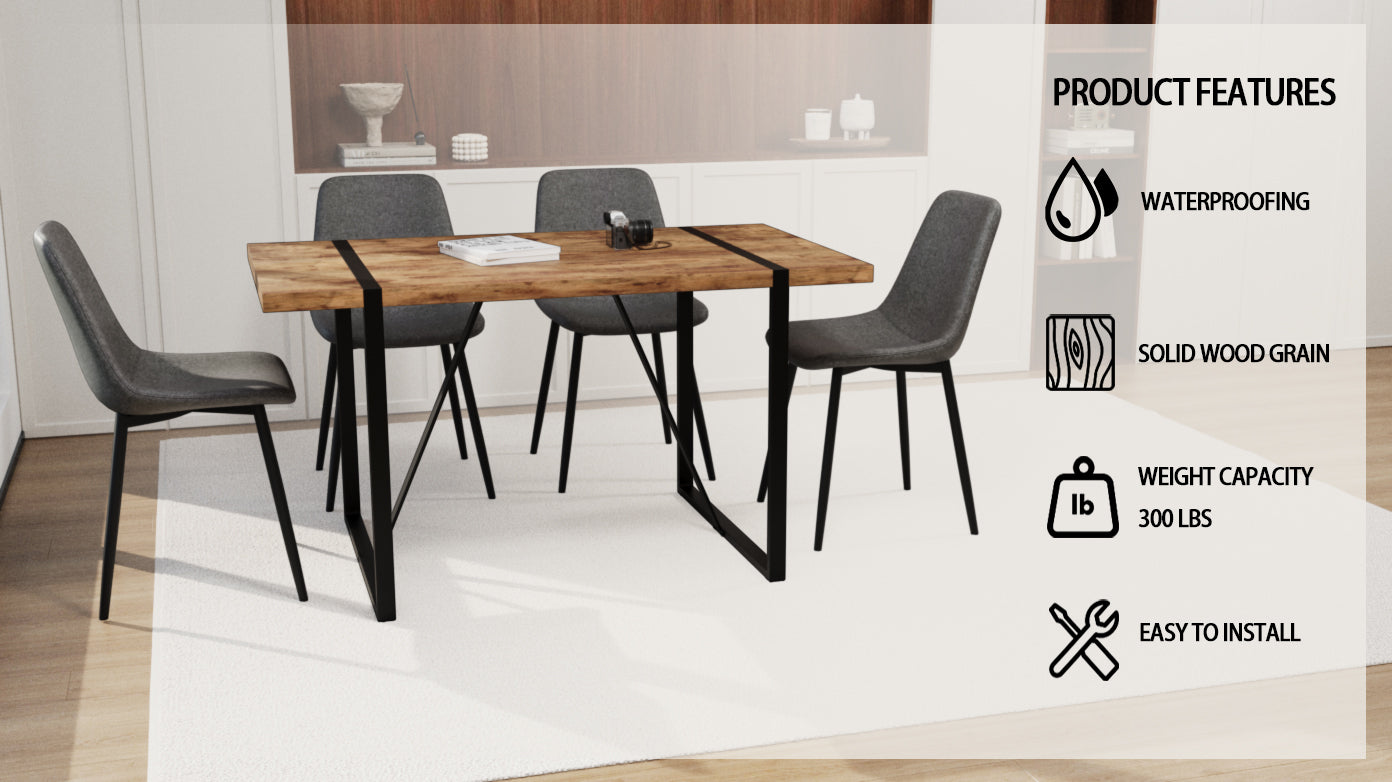 55" Mdf Dark Wood Dining Table And Modern Dining Chair 4 Piece Set, Medieval Wooden Kitchen Dining Table Set, Rectangular Metal Base, Dining Table And Suede Chair Brown Grey Mdf