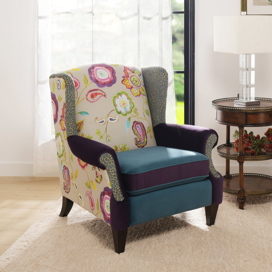 Anya Boho Chic Wingback Accent Arm Chair, Floral & Leopard, Blue Teal & Purple Velvet Teal Multi Foam Fabric