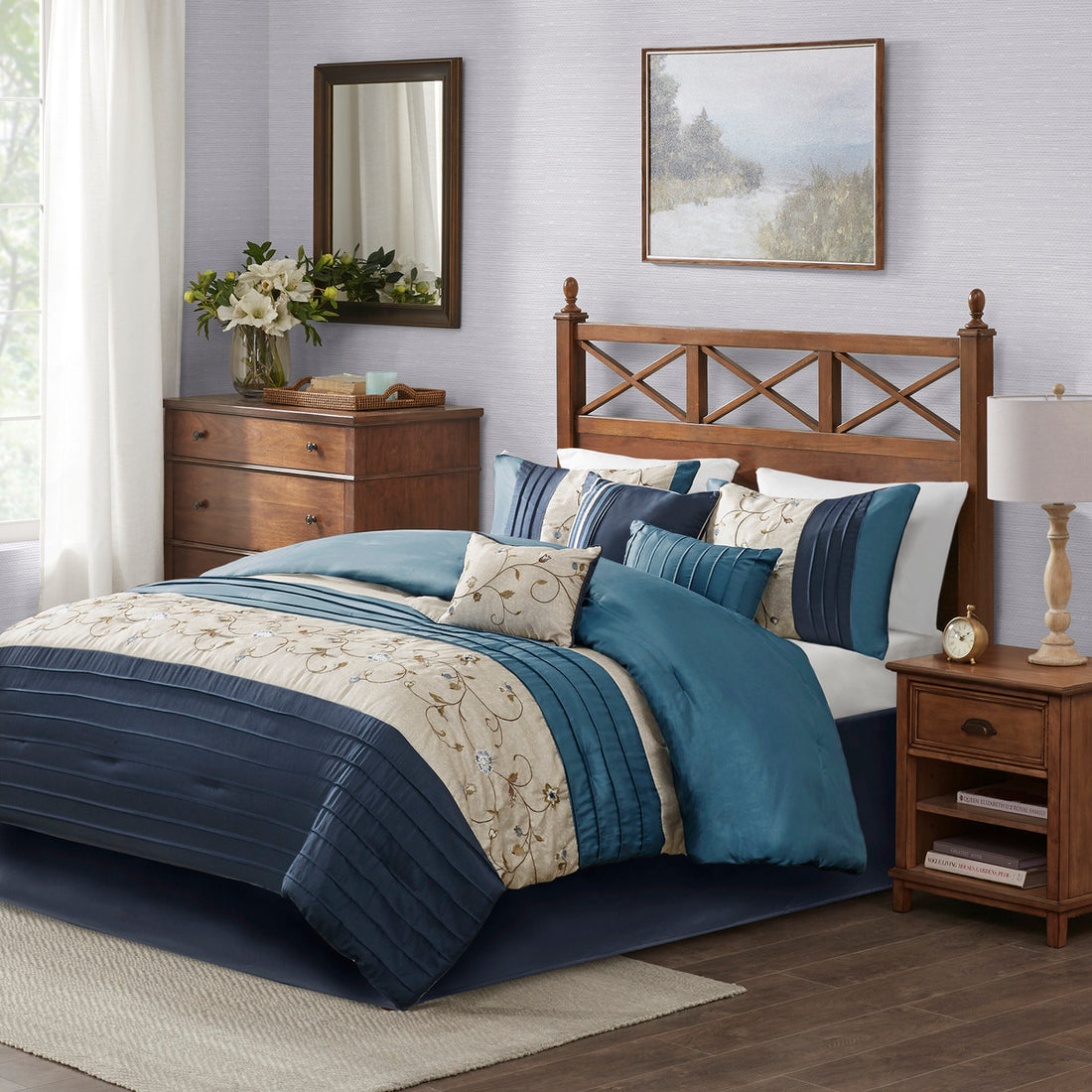 Embroidered 7 Piece Comforter Set Navy King King Navy Polyester