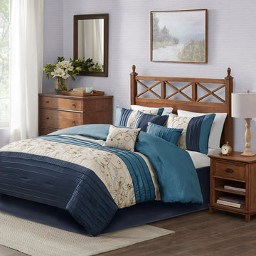 Embroidered 7 Piece Comforter Set Navy King King Navy Polyester