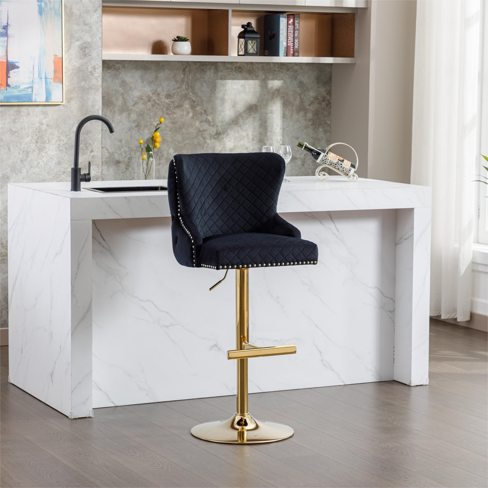 Hengming Velvet Bar Chair Stool One Piece Set, Adjustable Height, Diamond Lattice Against The Back To Pull The Lion'S Head With Zipper Decoration,Set Of 1 Black Velvet