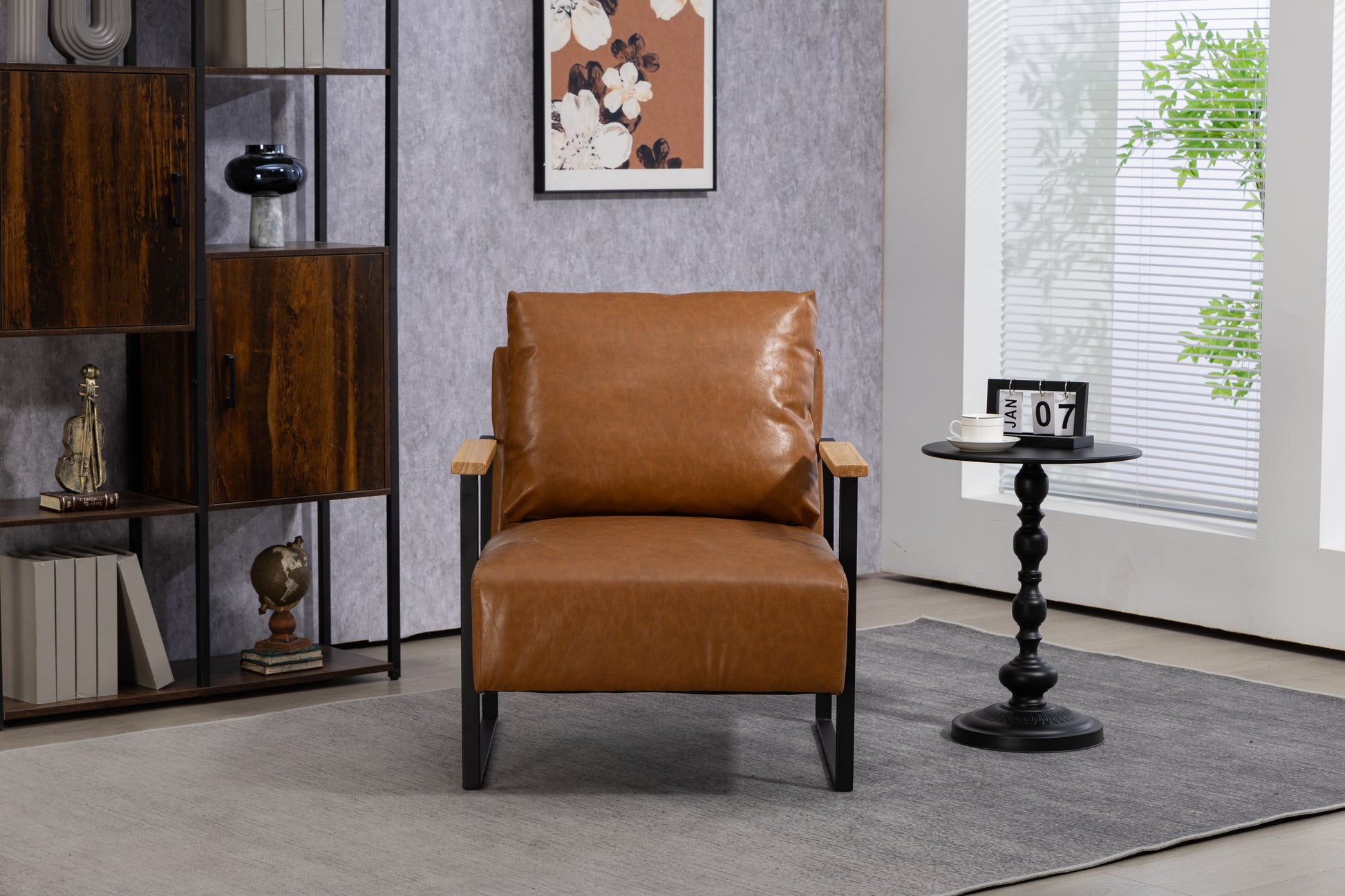 Leather Accent Chair Guest Chair For Living Room, Mid Century Armchair For Bedroom Brown Leather Brown Pu