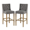 Wooden Barstool With Padded Seat, Button Tufted, Wing Back, Set Of 2, Gray And Brown Grey Wood