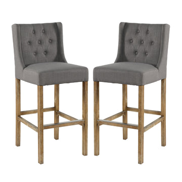 Wooden Barstool With Padded Seat, Button Tufted, Wing Back, Set Of 2, Gray And Brown Grey Wood