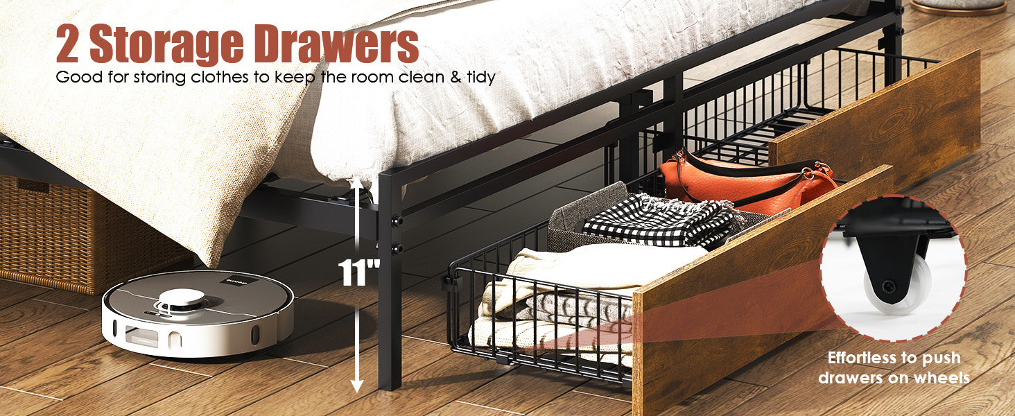 Twin Size Bed Frame Upholstered Platform Bed Frame With Storage Drawers, Usb Ports, Led Lights, Upholstered Wingback Headboard, Rustic Brown Box Spring Not Required Twin Antique Black Metal Brown