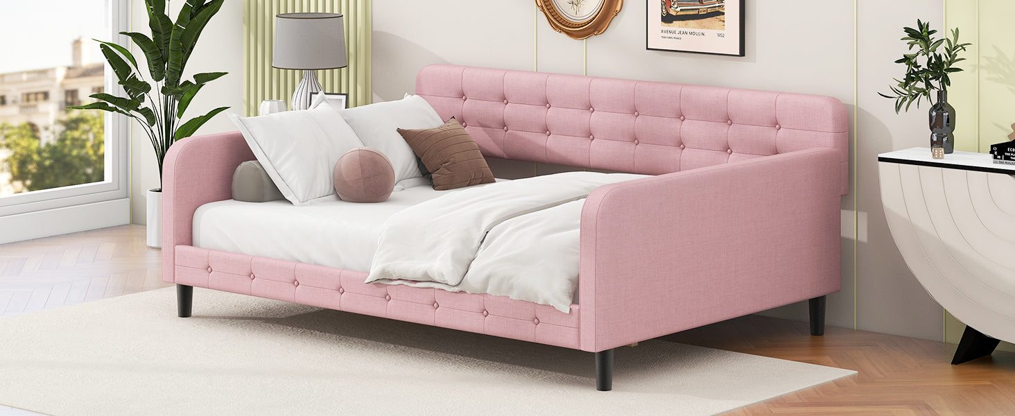 Full Size Upholstered Tufted Daybed With 4 Support Legs, Pink Box Spring Not Required Full Pink Wood Bedroom Daybeds Linen Upholstered