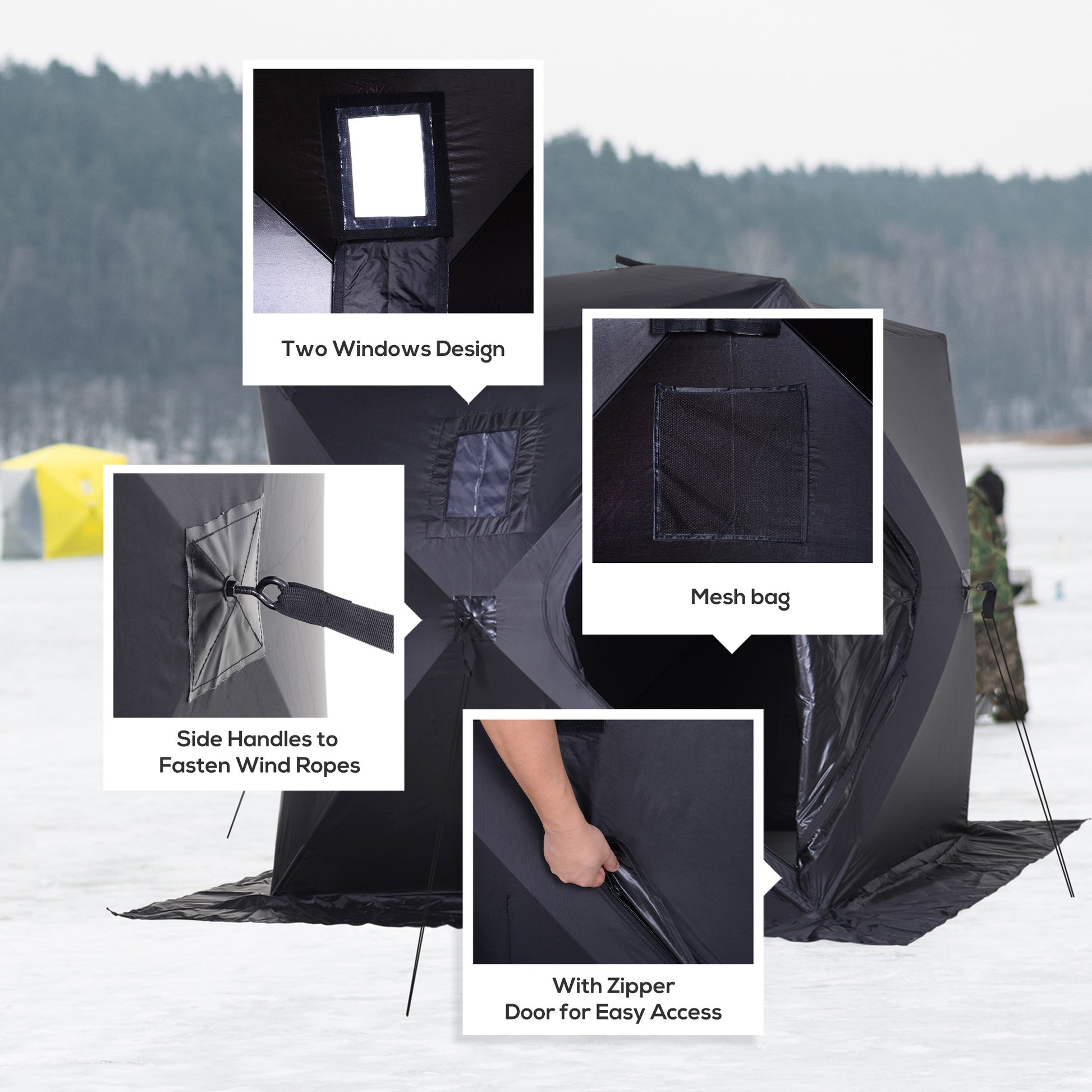 Outsunny 2 Person Ice Fishing Shelter, Pop Up Portable Ice Fishing Tent With Carry Bag, Windows And Anchors For Low Temp 22 , Black Black Cotton