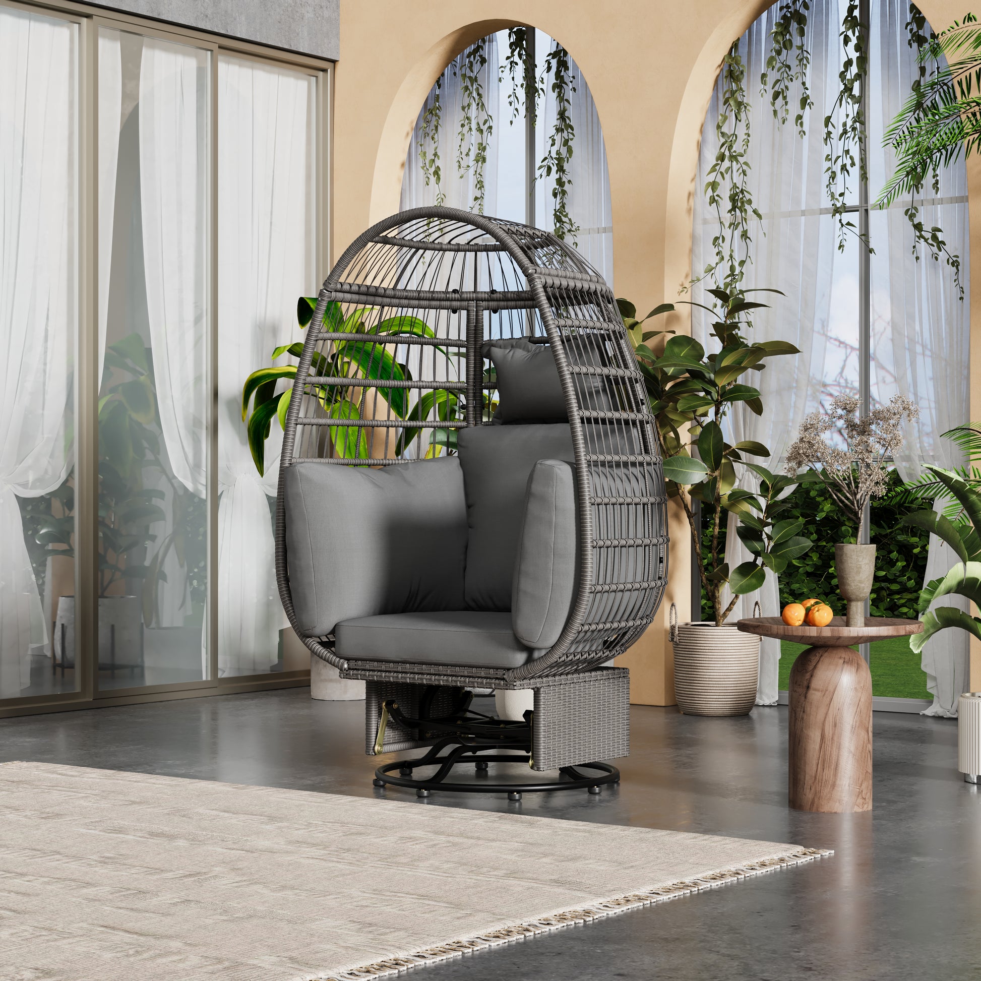 Outdoor Swivel Chair With Cushions, Rattan Egg Patio Chair With Rocking Function For Balcony, Poolside And Garden Grey Wicker Grey Cushion Grey Wicker