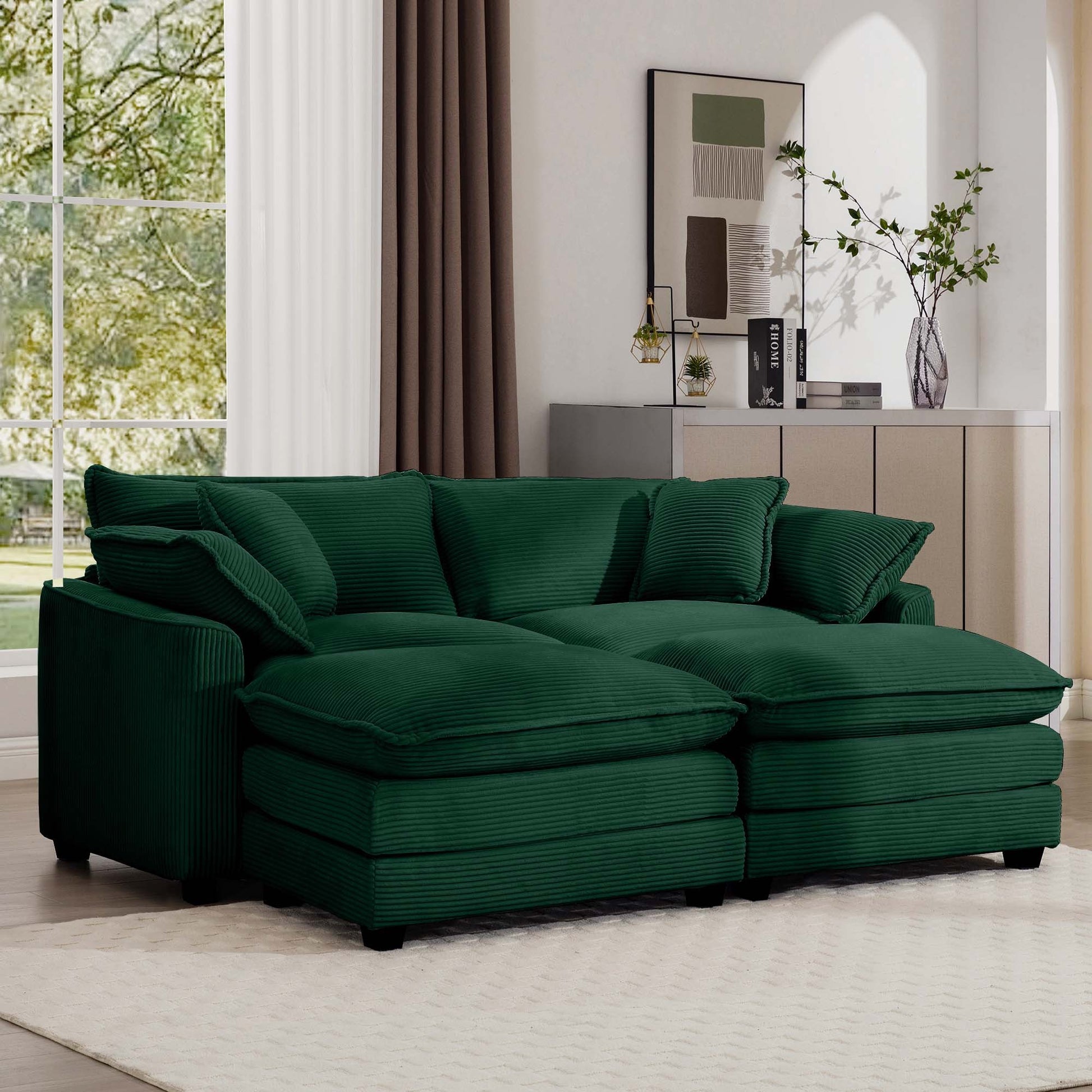 Corduroy Two Seater Sofa With 2 Footrest, 2 Seater Sofa With Ottoman For Small Living Spaces, Green Corduroy Sofa Green Corduroy 2 Seat