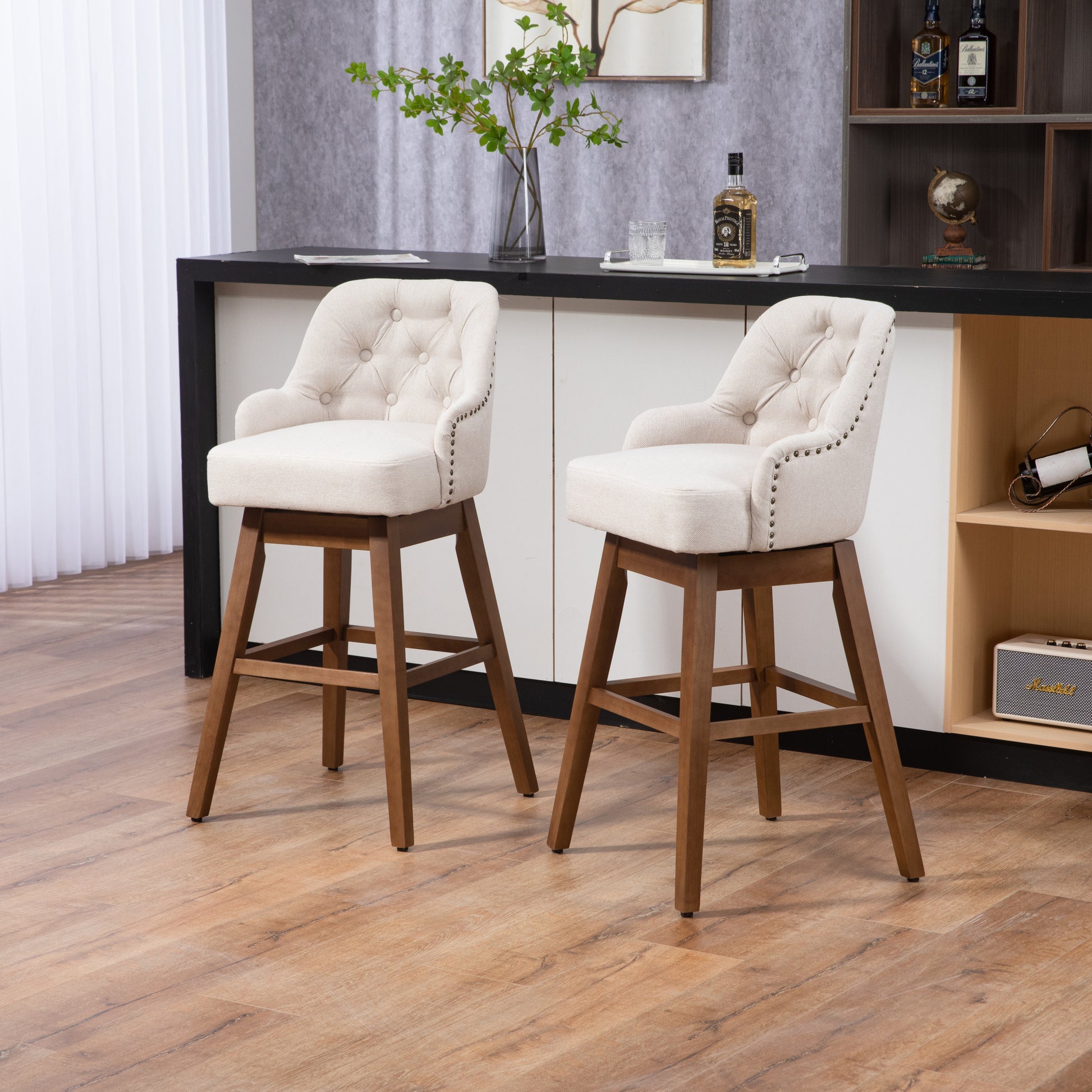 Coolmore Bar Stools Set Of 2 Counter Height Chairs With Footrest For Kitchen, Dining Room And 360 Degree Solid Wood Legs Swivel Bar Stools Set Of 2 Beige Linen Beige Foam Linen