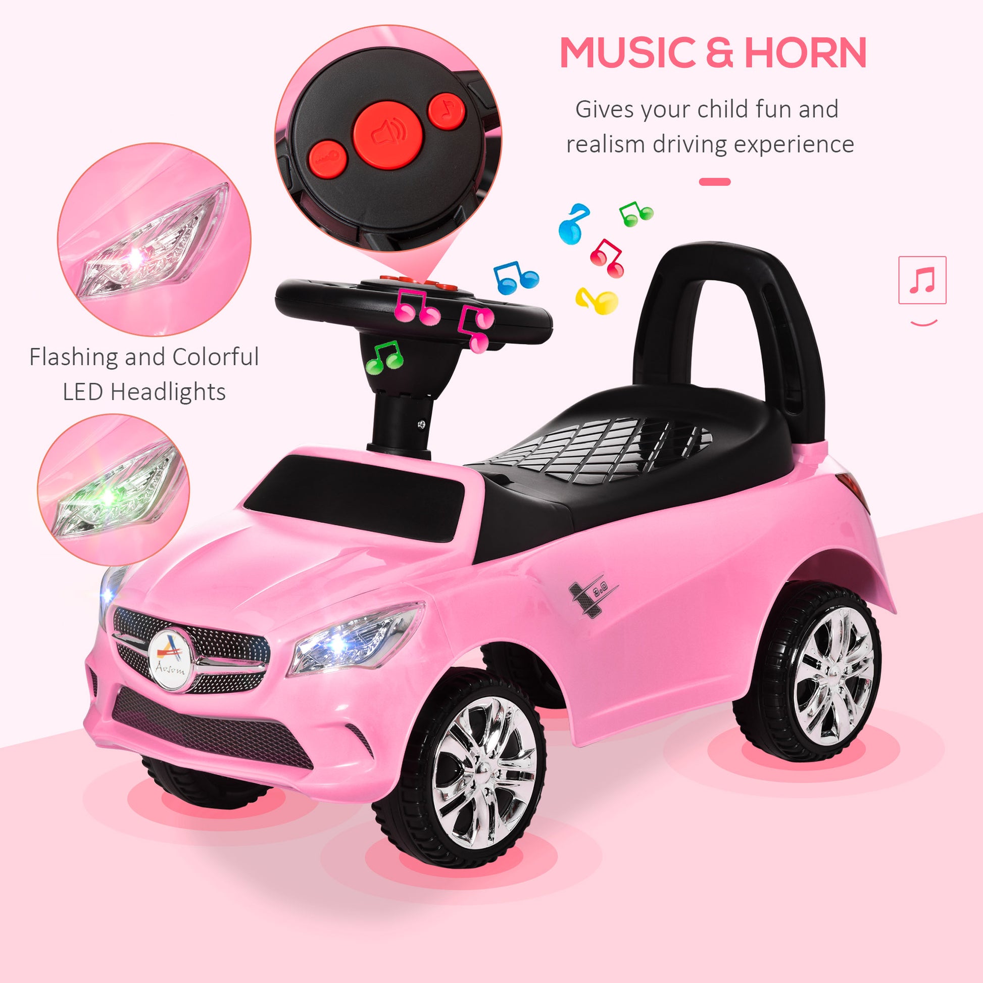 Aosom Kids Ride On Push Car, Foot To Floor Walking Sliding Toy Car For Toddler With Working Horn, Music, Headlights And Storage, Pink Pink Metal