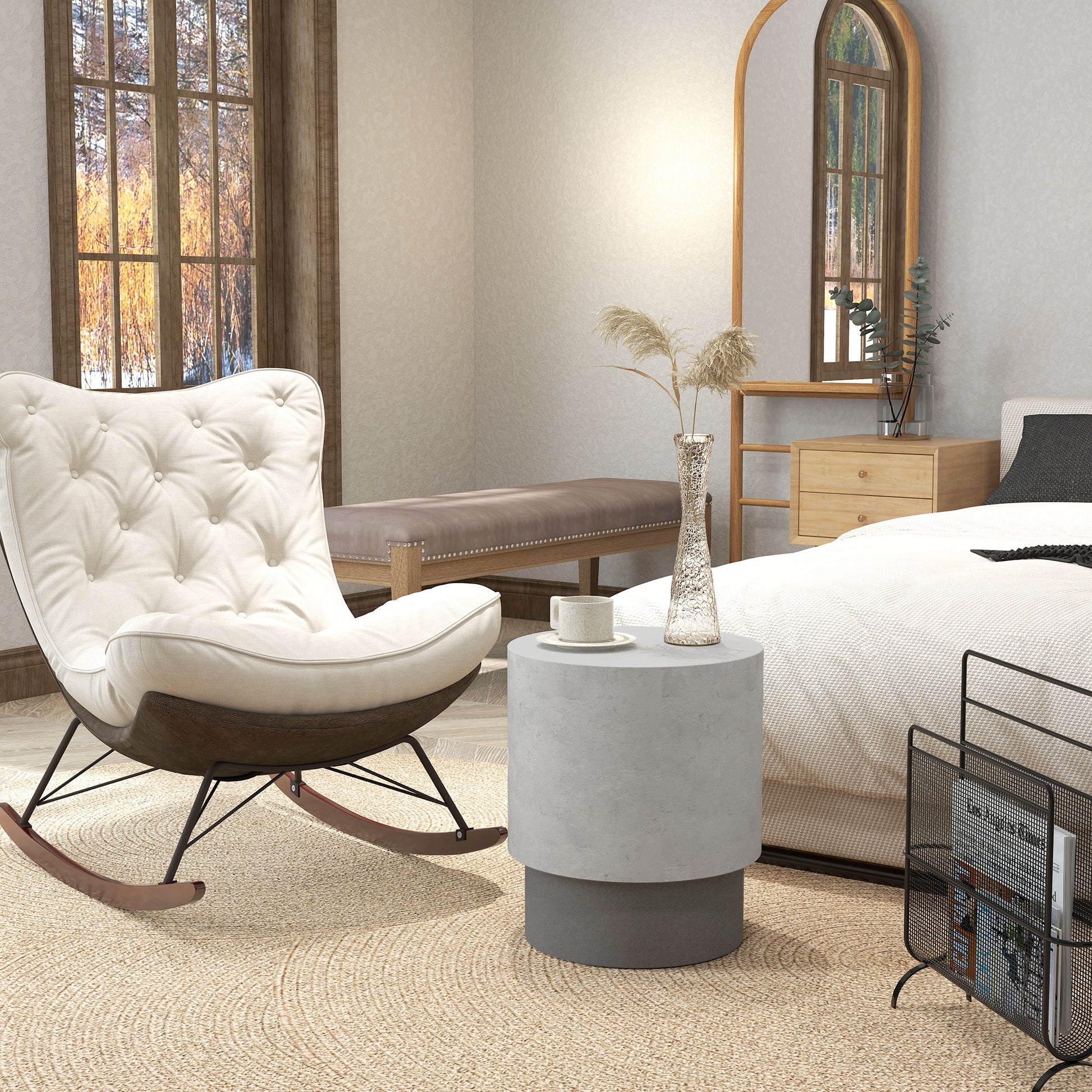 Homcom Concrete Finish End Table, Round Side Table With 4 Adjustable Feet, Lightweight For Indoor, Outdoor, Gray Grey Wood