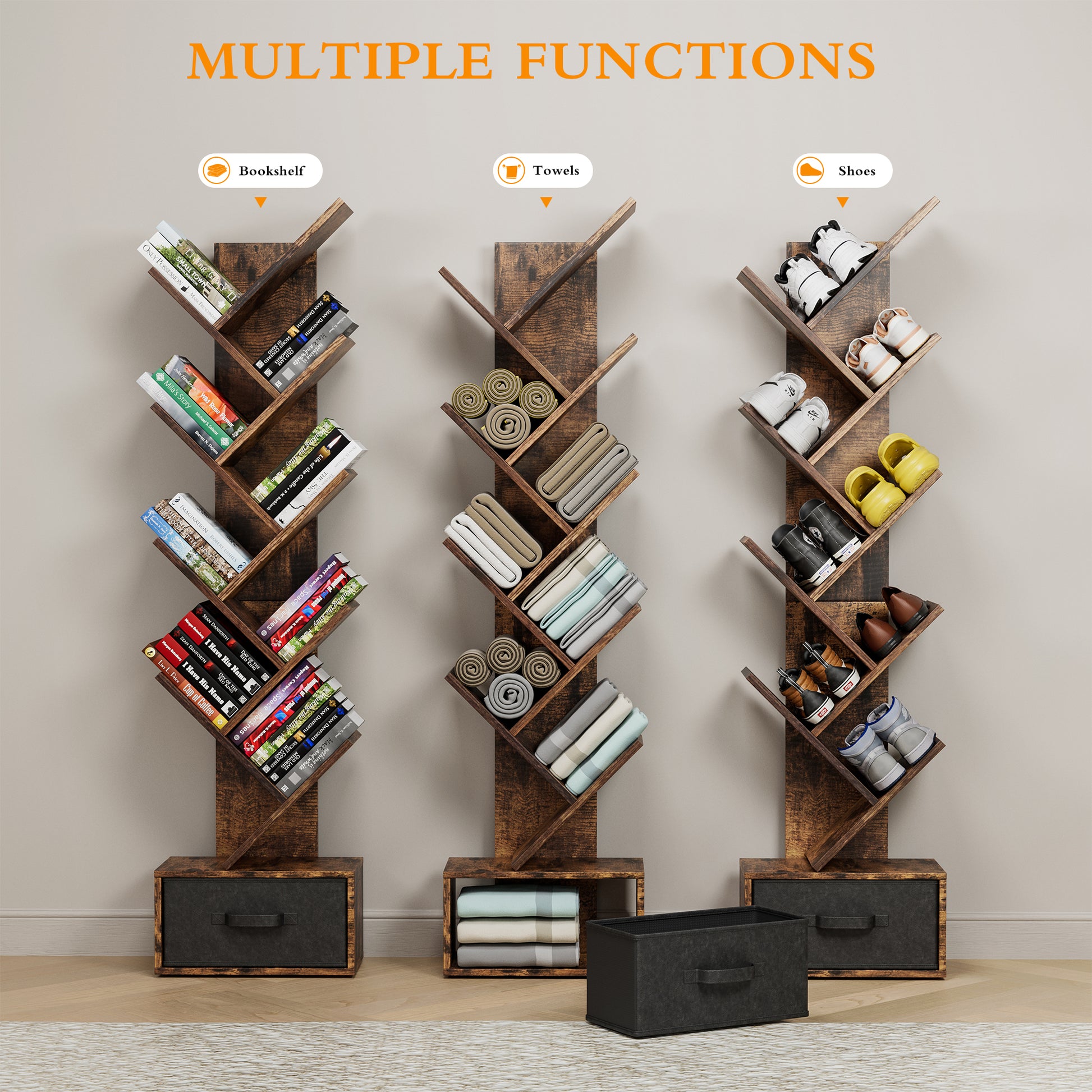 9 Tier Tree Bookshelf With Drawer Bookcase, Modern Book Storage, Free Standing Tree Bookcase, Utility Organizer Shelves For Home Office, Living Room, Bedroom, Rustic Brown Deep Rustic Brown Metal