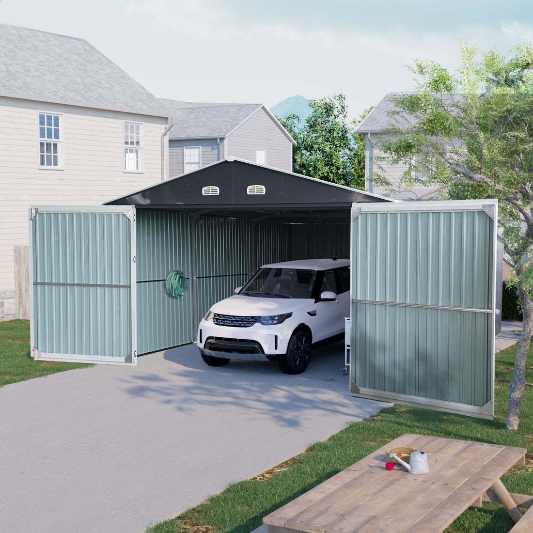 20X13 Ft Outdoor Storage Shed Metal Garage Shed For Car, Bike, Lawnmower Backyard Tool House Building 2 Doors And 4 Vents, Black Black Metal