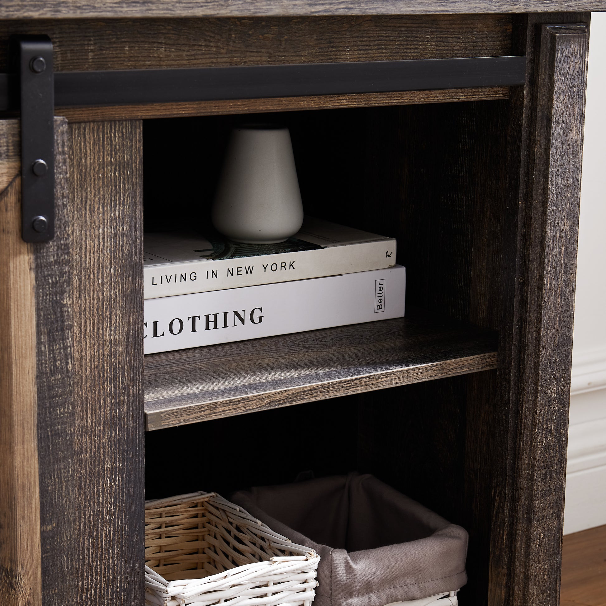 Media Console Table With Storage Cabinet, Mid Century Style Entertainment Tv Table, Multipurpose Sliding Door Tv Cabinet Large Storage Space, 58.11"W*15.79"D*32.36"H Antique Brown Antique Brown Primary Living Space 60 69 Inches 60 69 Inches 60 Inches Mdf