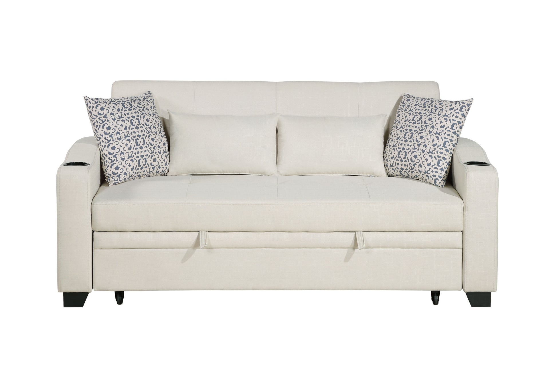 Bennett 71"W Beige Fabric Convertible Sleeper Loveseat With Usb Charger And Cupholders Beige Fabric