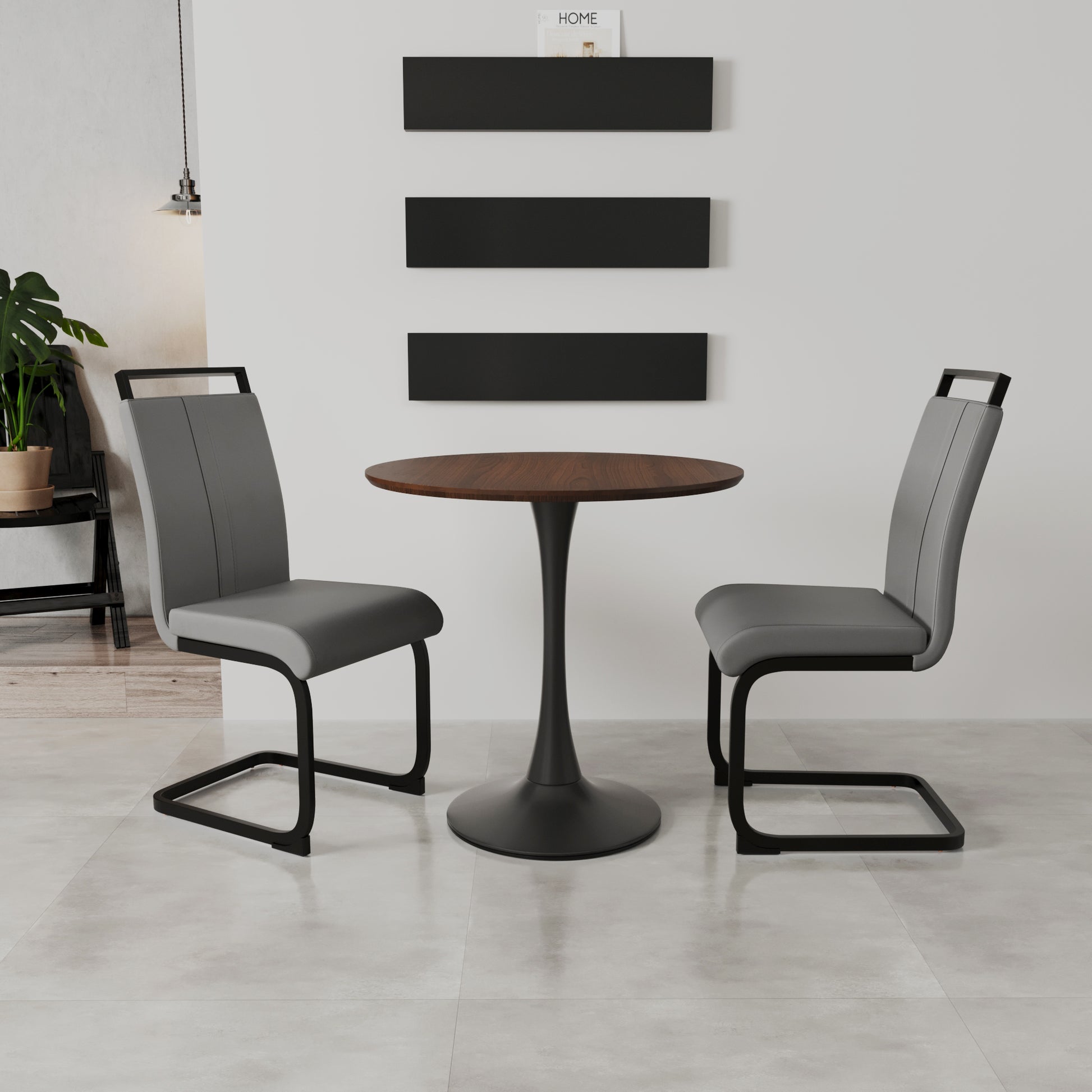 Walnut Circular Dining Table, 31.5 "Tulip Dining Table, Kitchen Dining Table For 2 4 People, Mdf Tabletop And Base, And 2 Gray Pu Black Metal Leg Dining Chairs Set 2 Walnut Mdf