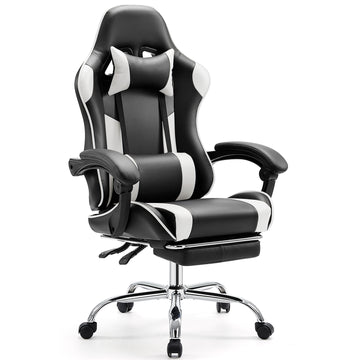Video Game Desk Chair Ergonomic Computer With Footrest And Comfy Lumbar Support, Pu Leather Recliner With Headrest, Fixed Up Armrest, Height Adjustable With 360 Swivel, For Adults, White Black White Faux Leather